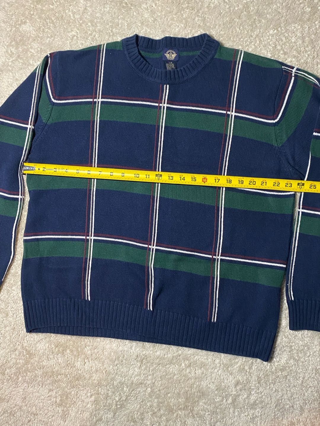 90s Vintage Dockers Windowpane Plaid Cotton Sweater Size L Navy Green Crewneck 5