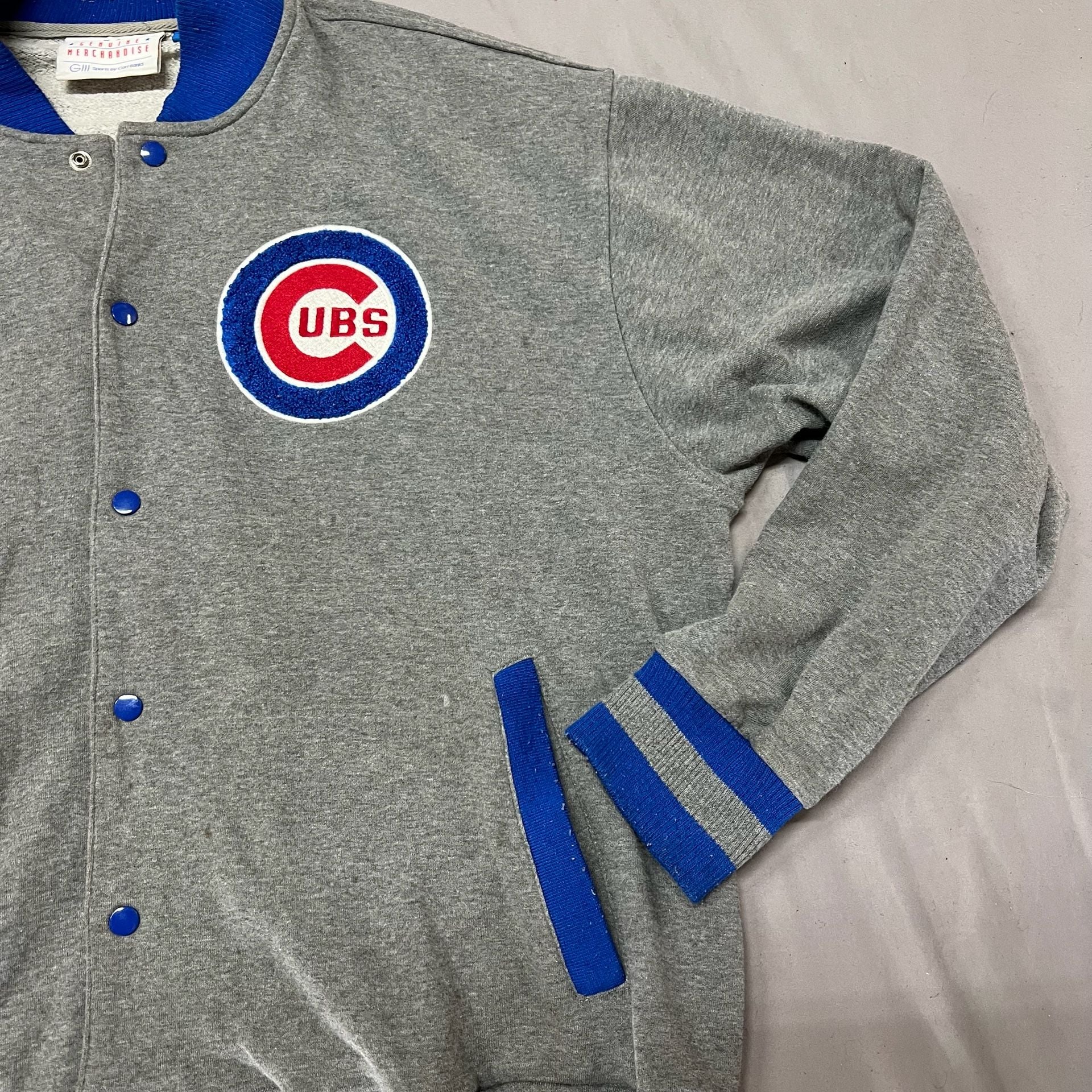 Genuine Merchandise Chicago Cubs Full Snap Varsity Jacket Gray Size L 12