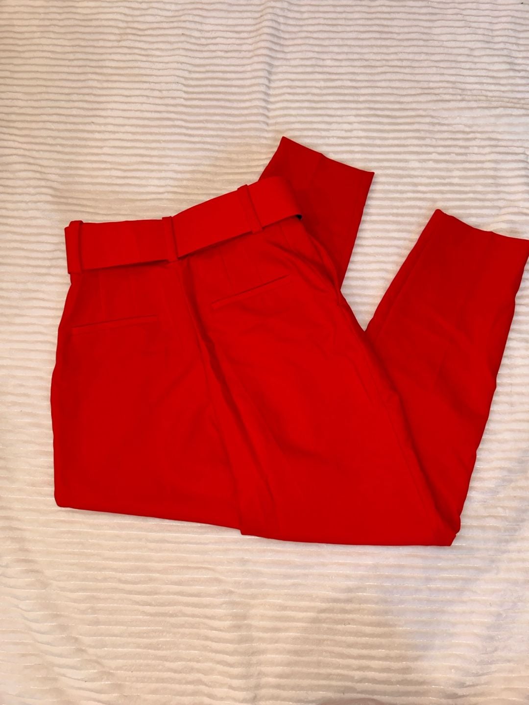 Zara Belted High Waist Trousers Size XS Red 4