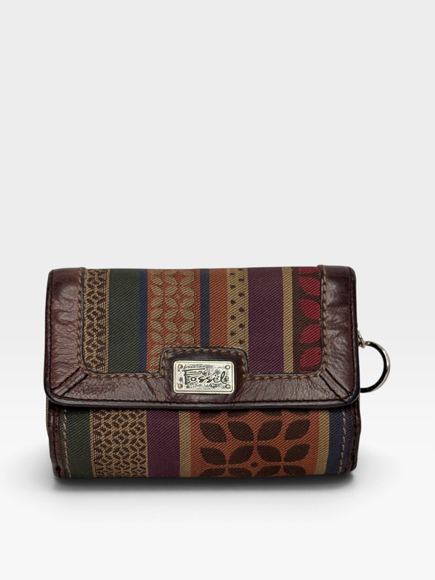 Fossil Multicolor Striped Canvas Trifold Wallet With Brown Leather 2