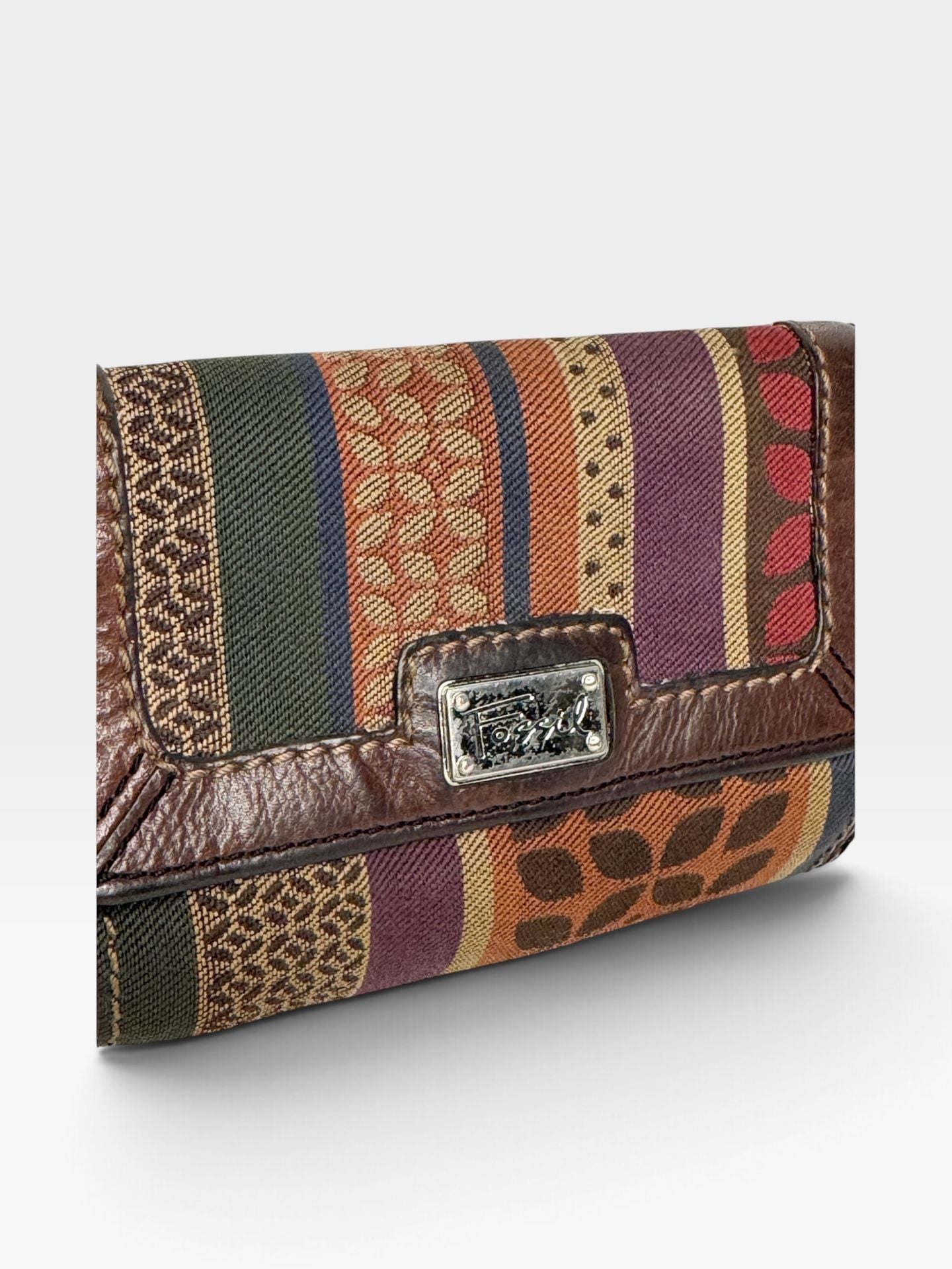 Fossil Multicolor Striped Canvas Trifold Wallet With Brown Leather 3