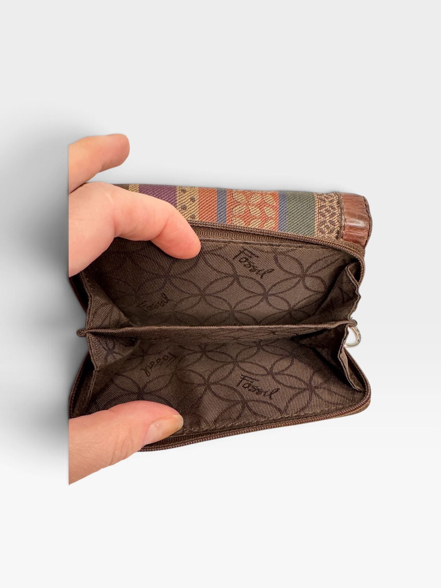 Fossil Multicolor Striped Canvas Trifold Wallet With Brown Leather 8