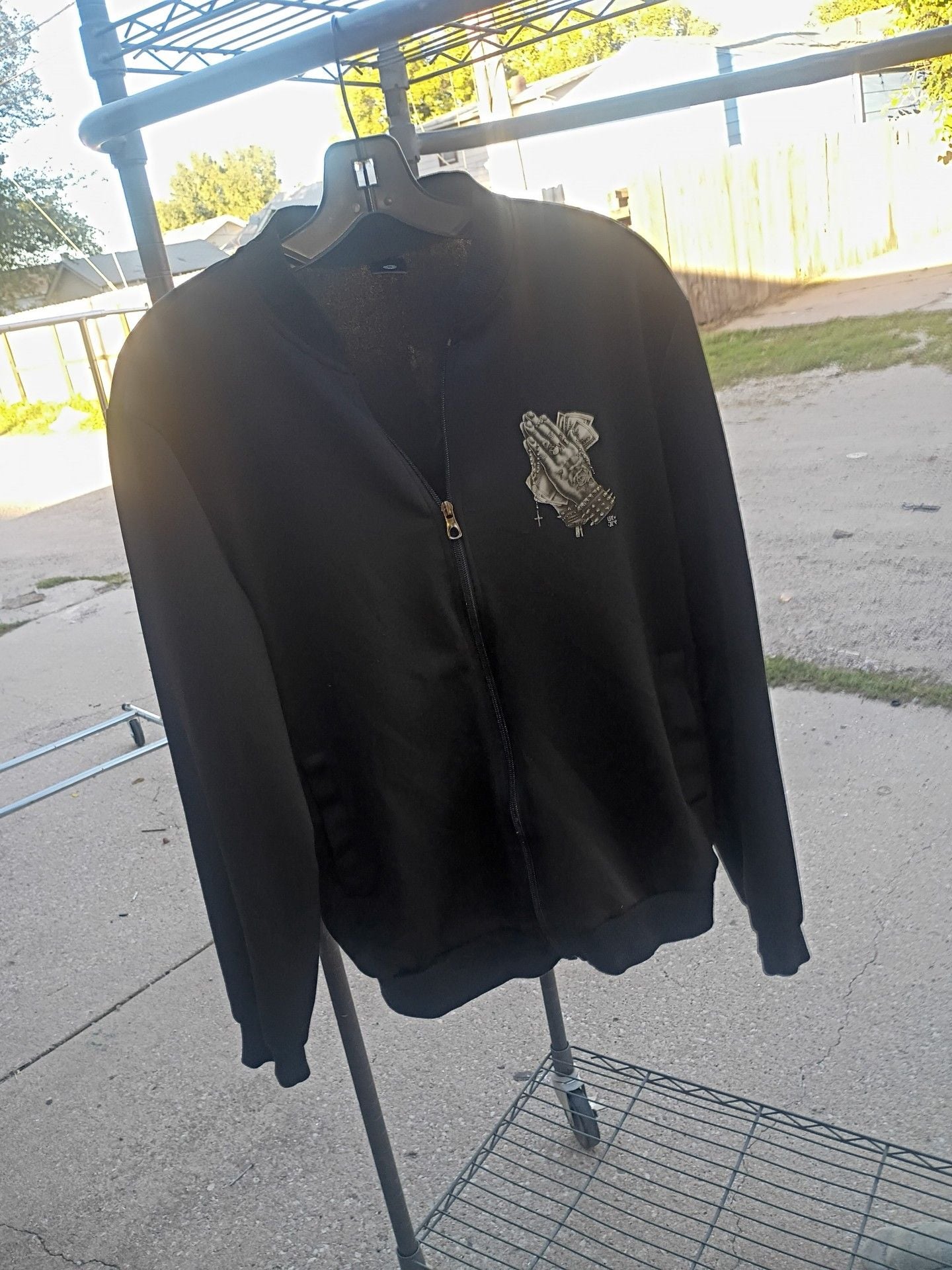 Bomber Jacket Size S Black Prayer Hands Money Graphic Zip Up 2