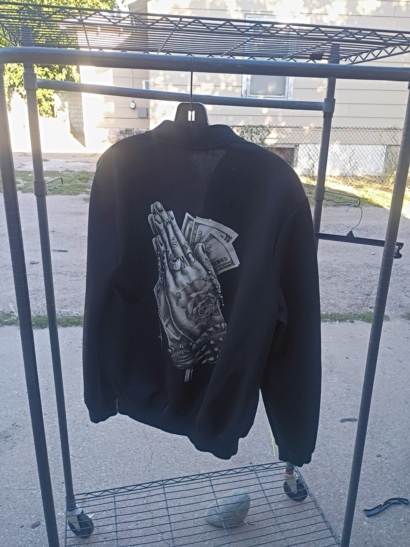 Bomber Jacket Size S Black Prayer Hands Money Graphic Zip Up 3