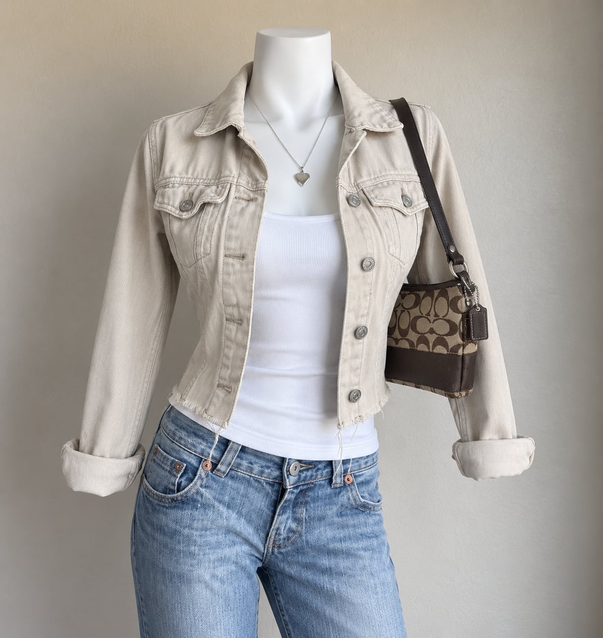 Refuge Denim Jacket Cream Cotton Cropped Raw Hem Y2K Retro Size Small 2