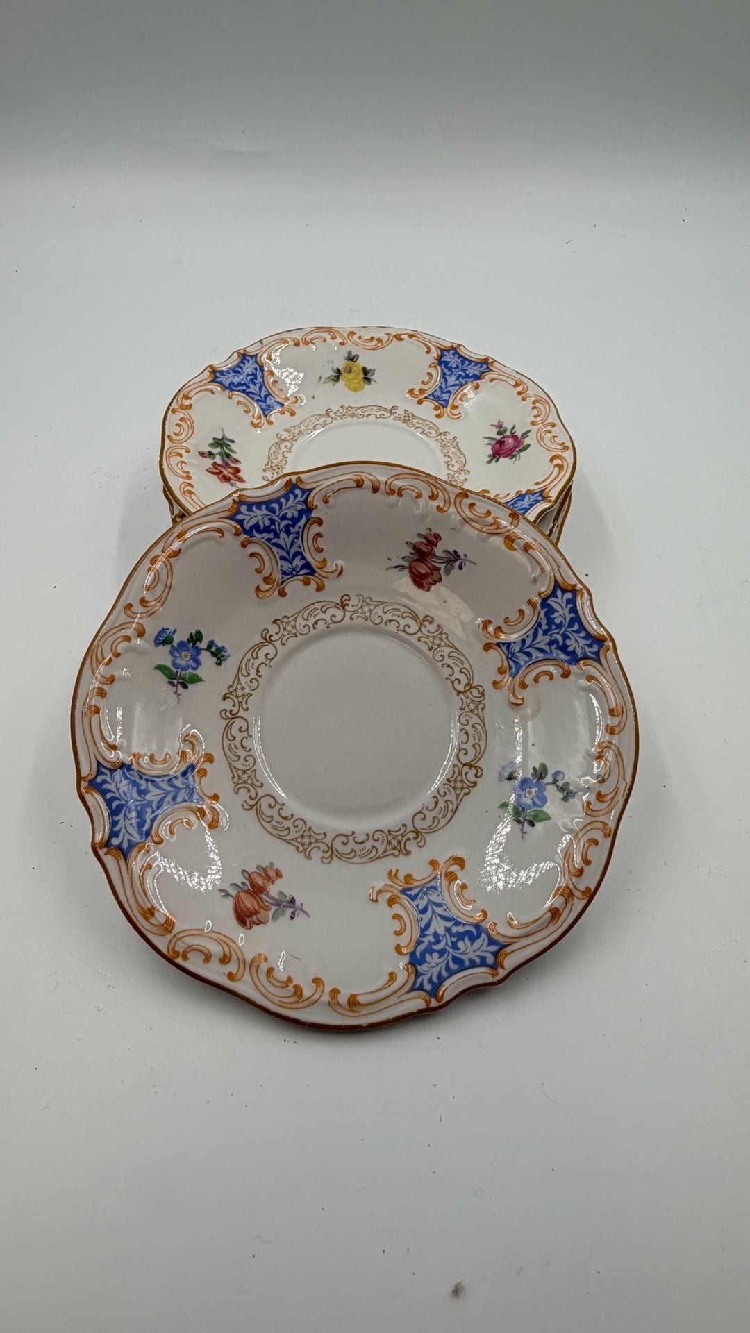 Schumann Bavaria US Zone 6 Inch Saucer Floral Blue Gold Trim Set of 4 2