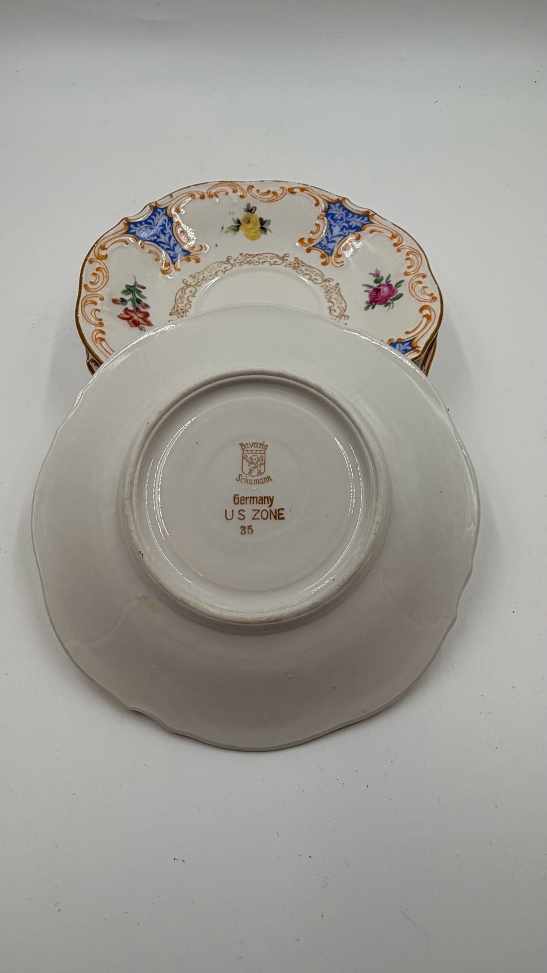 Schumann Bavaria US Zone 6 Inch Saucer Floral Blue Gold Trim Set of 4 3