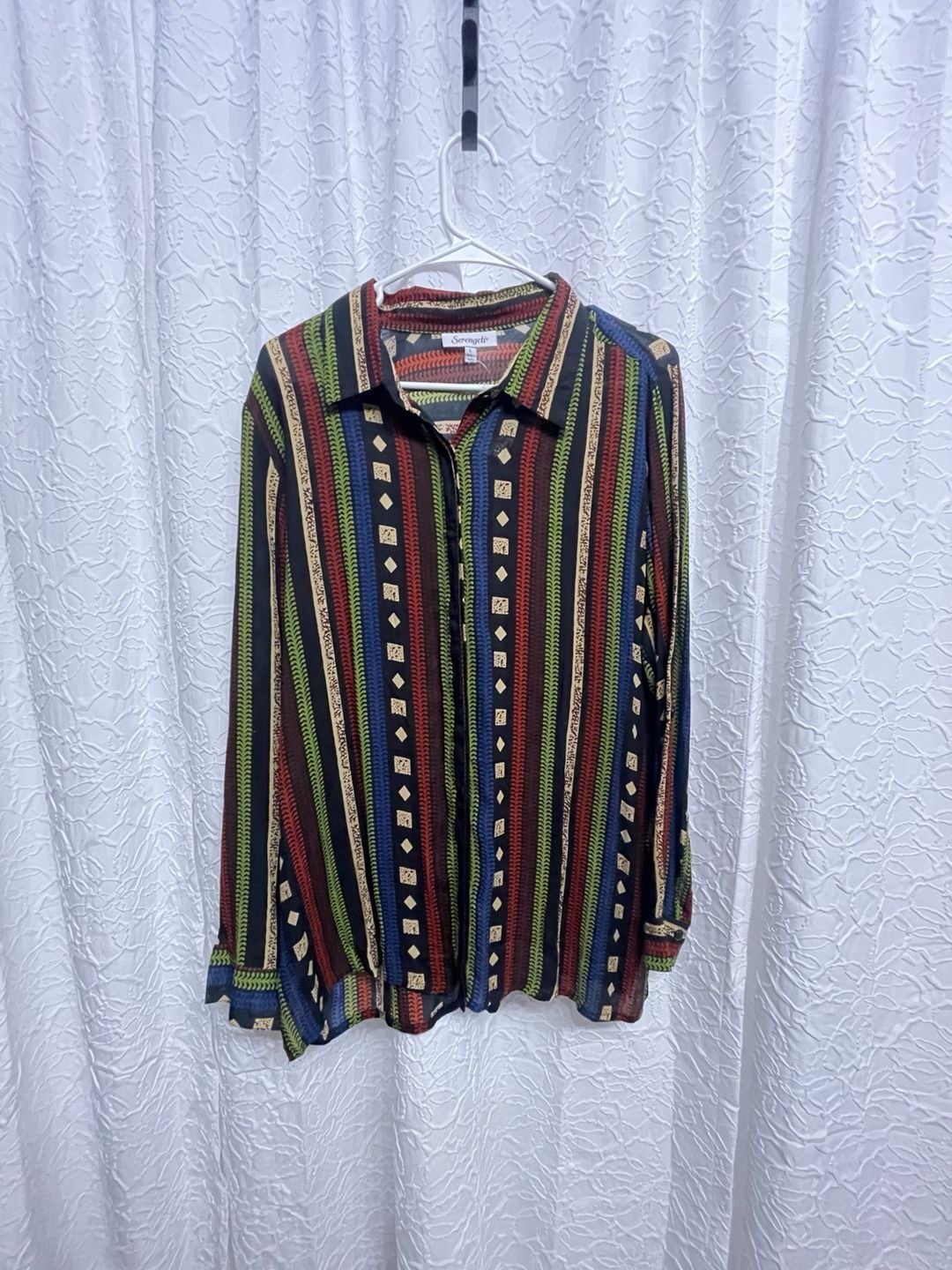 Serengeti Colorful Striped Tunic Top L Button Up Boho Artsy Casual 2