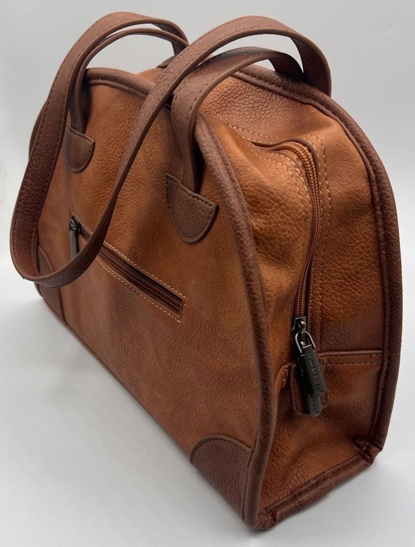 Montana West Retro Style Bowling Handbag Brown Faux Leather Top Handle 9