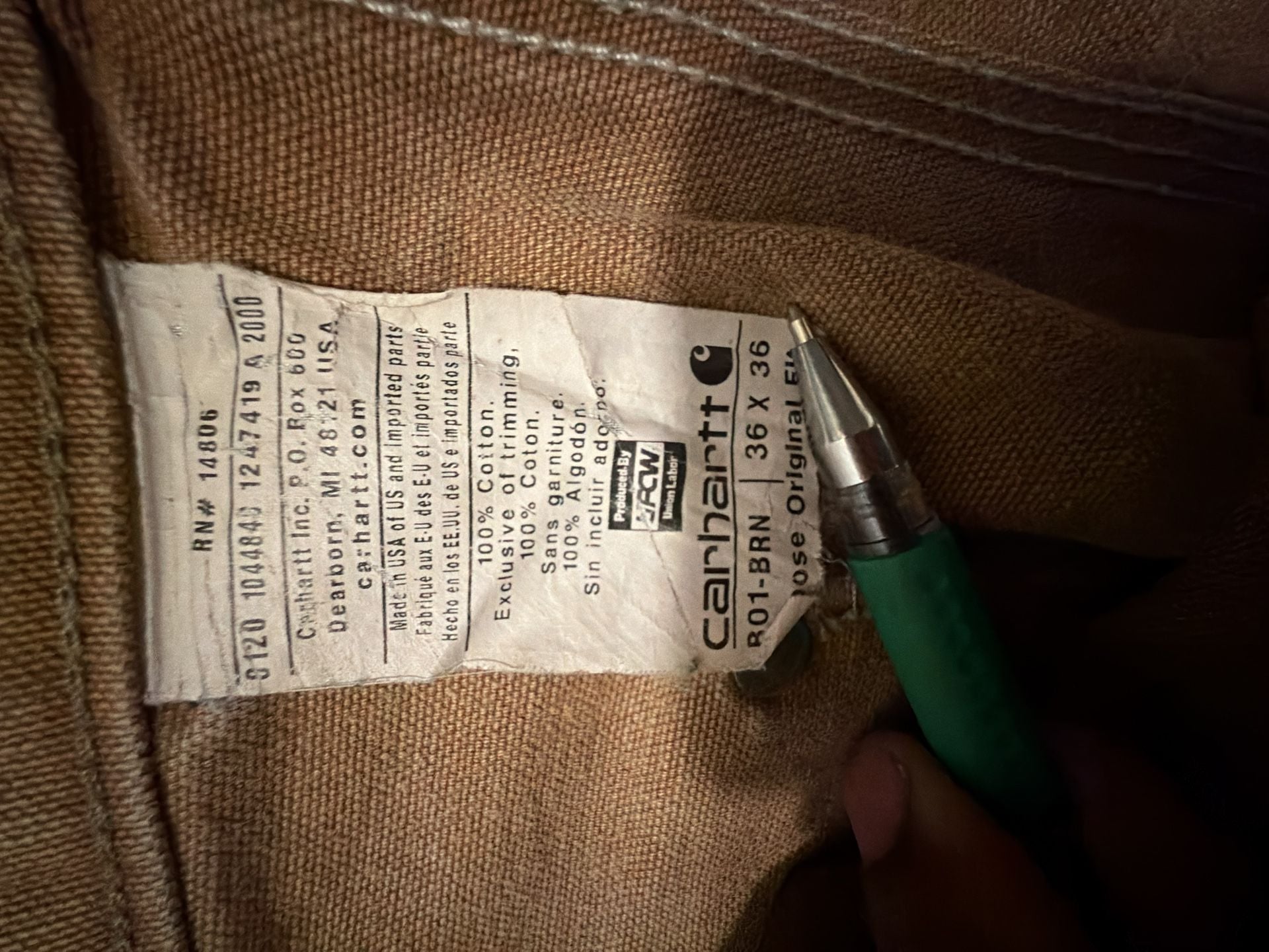 Carhartt B01 BRN Double-Knee Work Pants Size 36x36 Brown USA Made 6