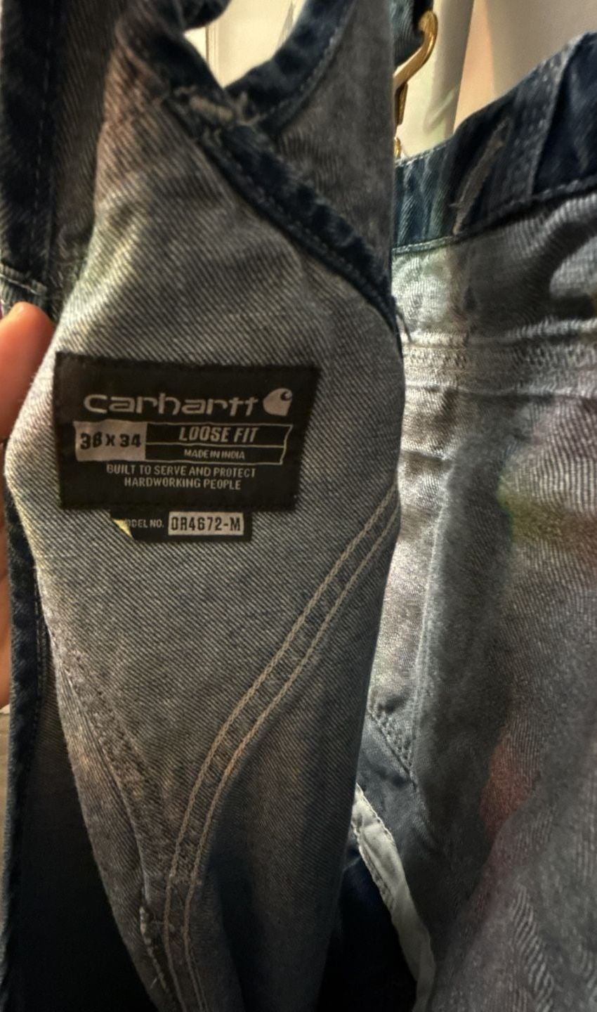 Carhartt Denim Bib Overalls Size 38x34 Loose Fit Blue Workwear OR4672-M 5