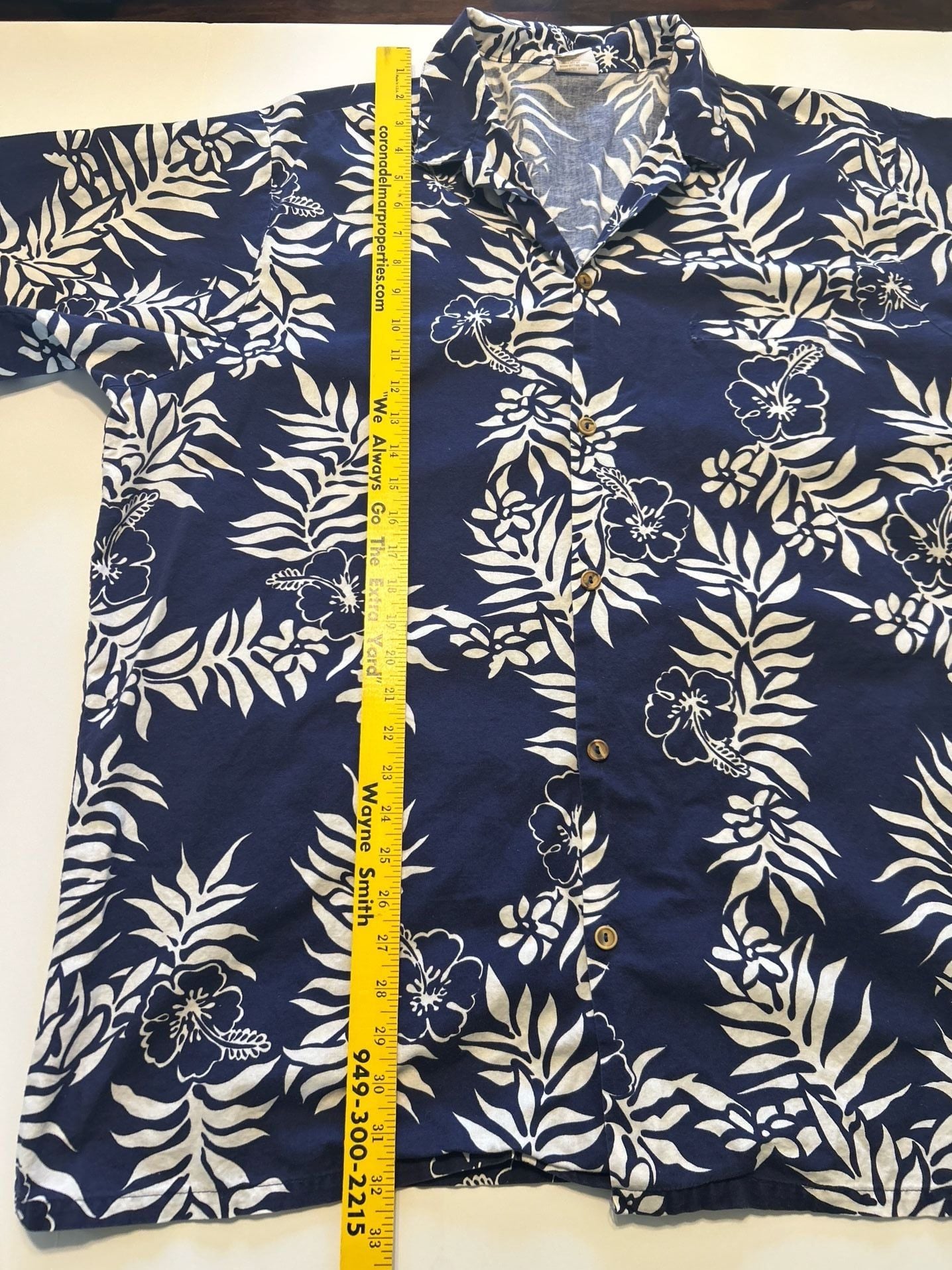 Go Barefoot Hawaiian Shirt Navy Blue White Floral Hibiscus Cotton 7