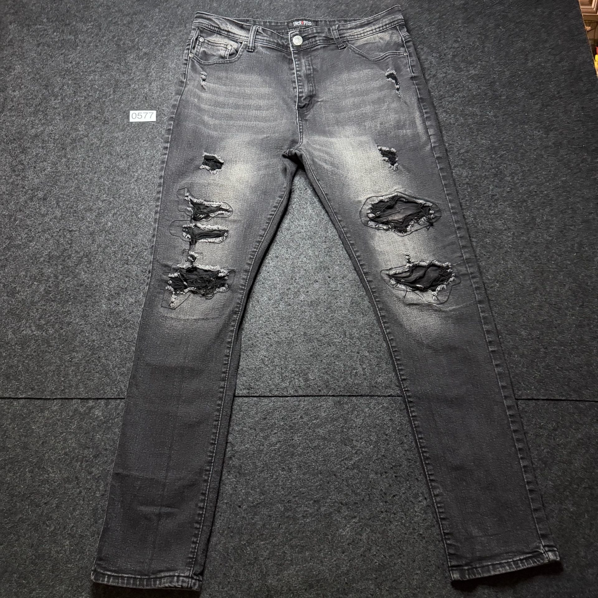 Encrypted Distressed Slim Fit Jeans Grey Black 2