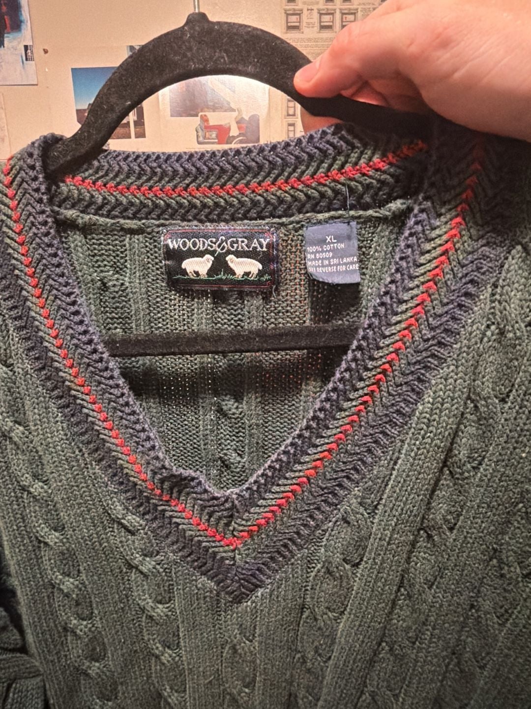 Woods & Gray Cable Knit V-Neck Sweater Size XL Dark Green Cotton 3