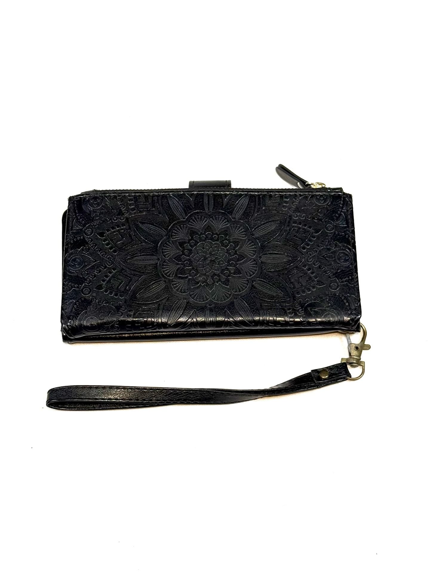 Women's Wristlet Wallet 7in Whimsigoth Y2K Indie Vanguard Heritage Boho Black Embossed Mandala Faux Leather Zip Organizer Detachable Strap 2