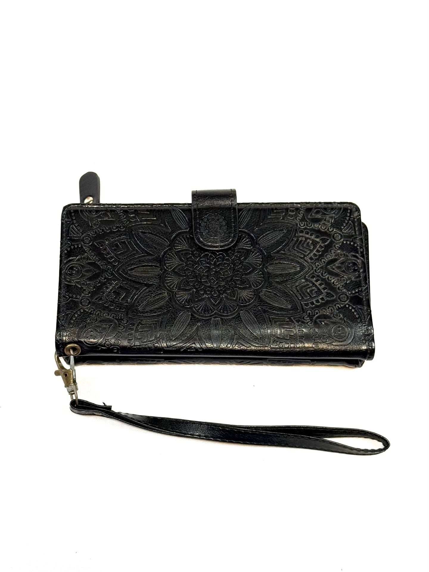 Women's Wristlet Wallet 7in Whimsigoth Y2K Indie Vanguard Heritage Boho Black Embossed Mandala Faux Leather Zip Organizer Detachable Strap 3