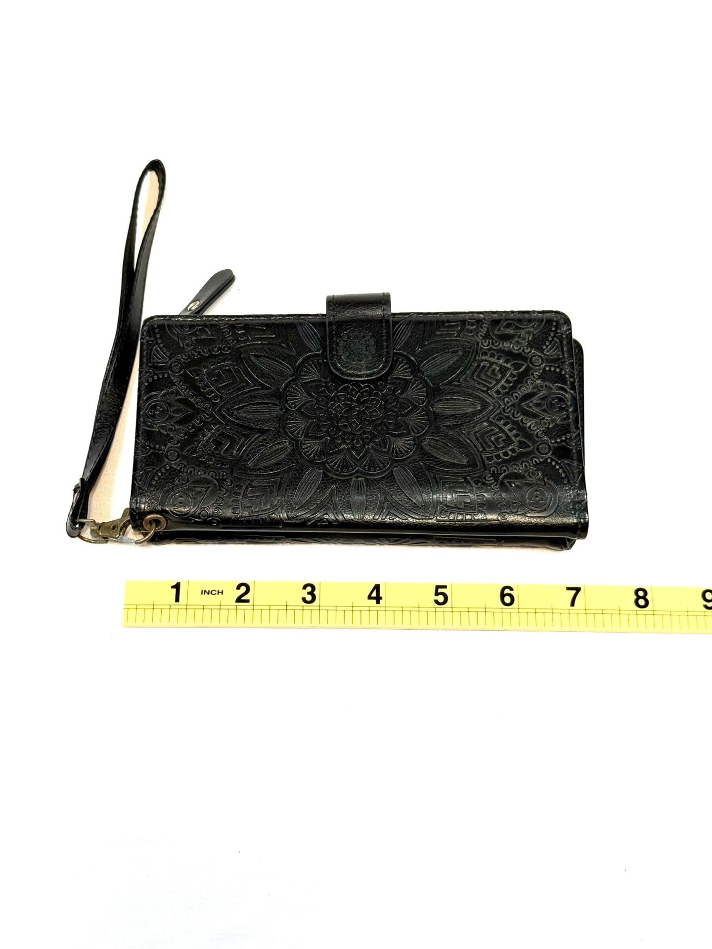 Women's Wristlet Wallet 7in Whimsigoth Y2K Indie Vanguard Heritage Boho Black Embossed Mandala Faux Leather Zip Organizer Detachable Strap 4