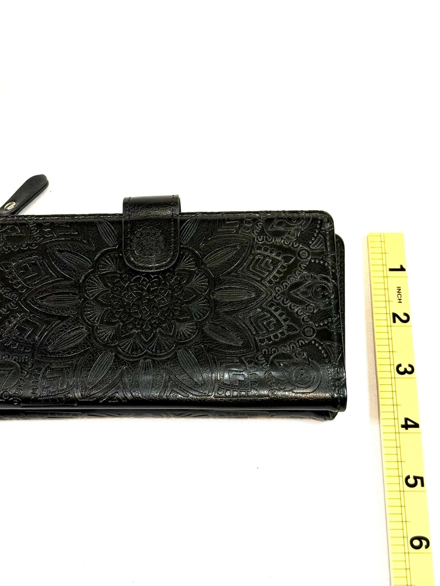 Women's Wristlet Wallet 7in Whimsigoth Y2K Indie Vanguard Heritage Boho Black Embossed Mandala Faux Leather Zip Organizer Detachable Strap 5