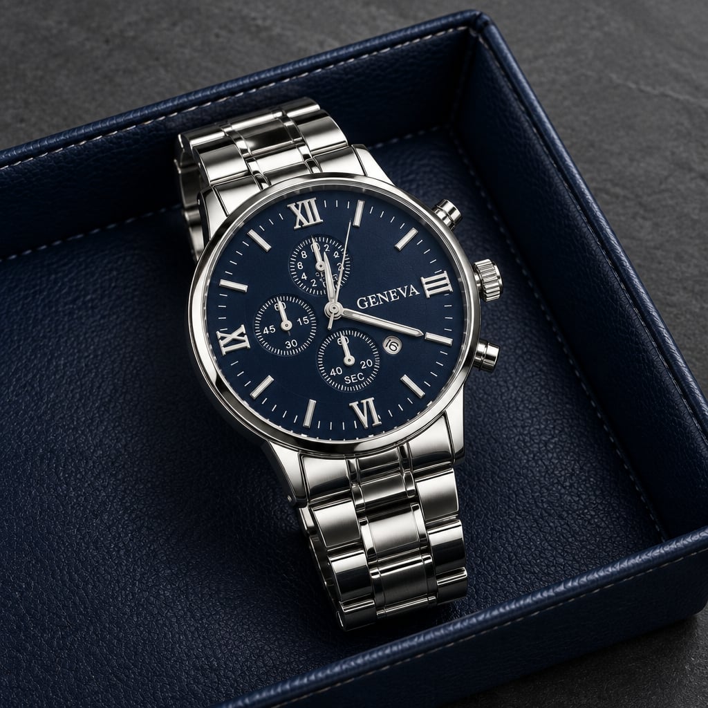 Geneva Quartz Timepiece Blue Dial Silver Steel Band Calendar 2
