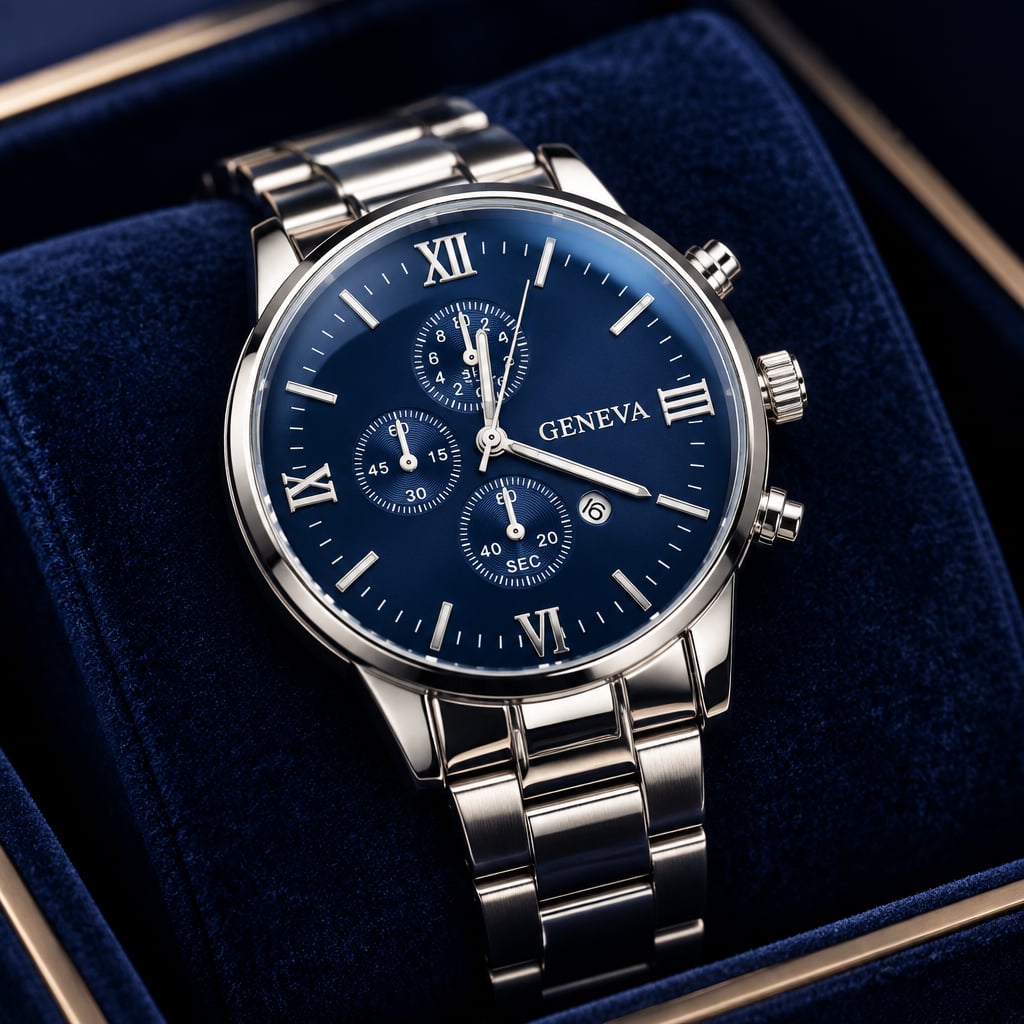 Geneva Quartz Timepiece Blue Dial Silver Steel Band Calendar 3
