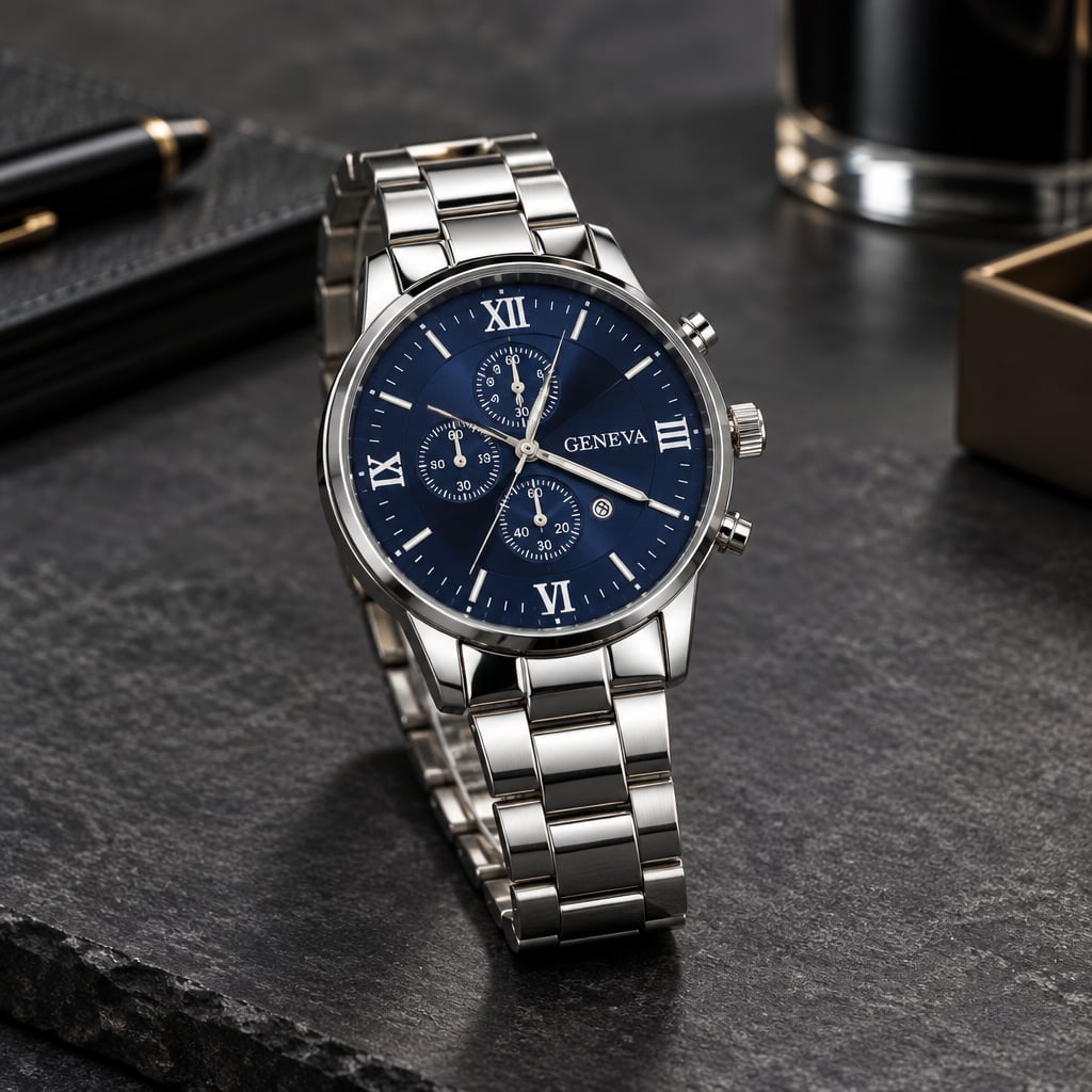Geneva Quartz Timepiece Blue Dial Silver Steel Band Calendar 4