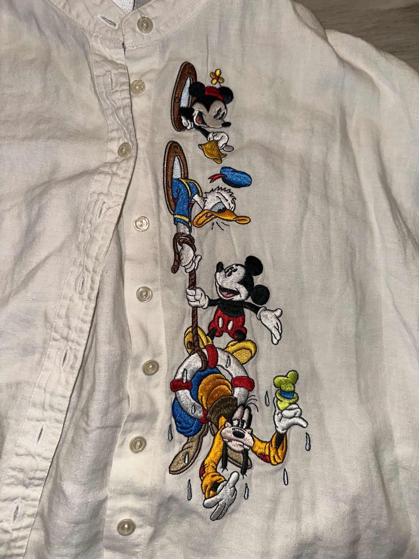 Vintage The Disney Store Mickey And Friends 100% Linen Shirt Large White 2