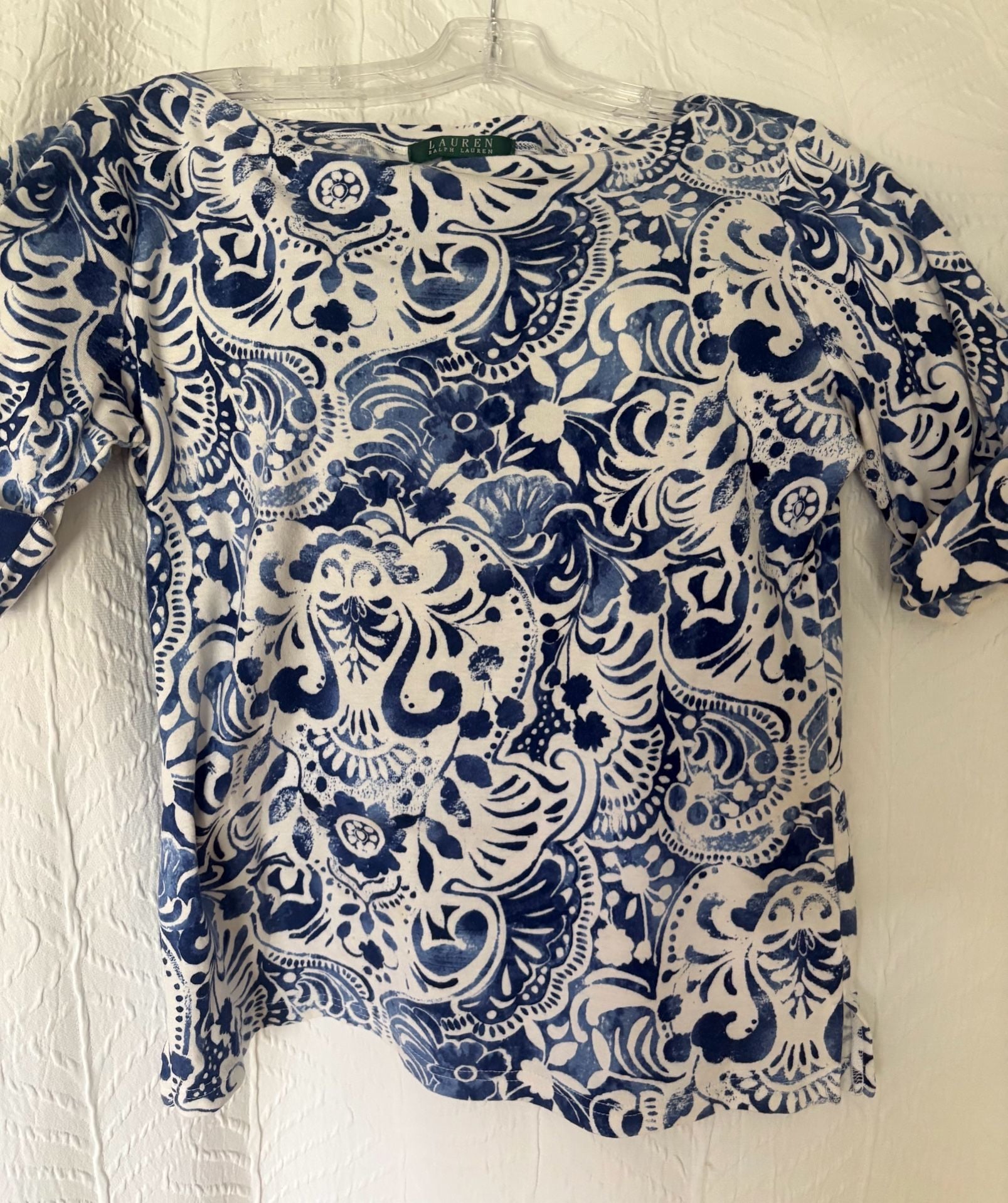 Lauren Ralph Lauren Blue White Floral Paisley Boatneck Top 2