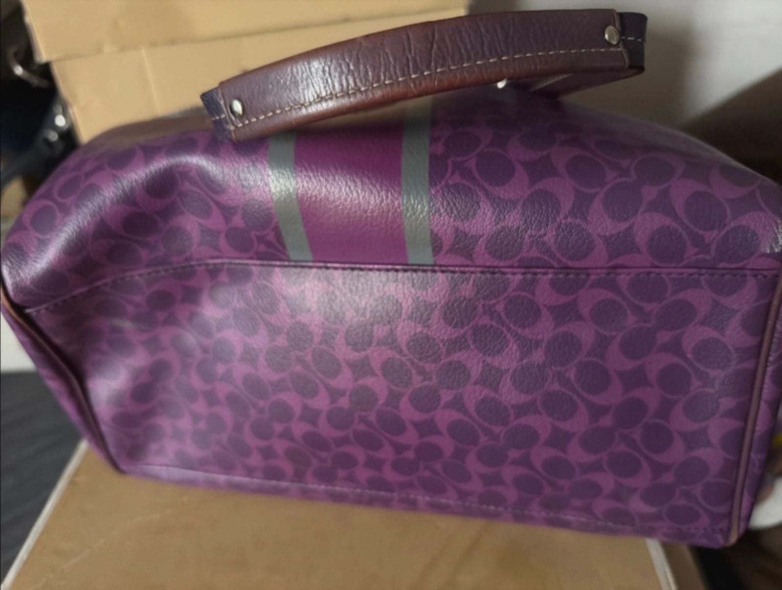 Coach Signature Stripe Purple Coated Canvas Satchel Bag 4