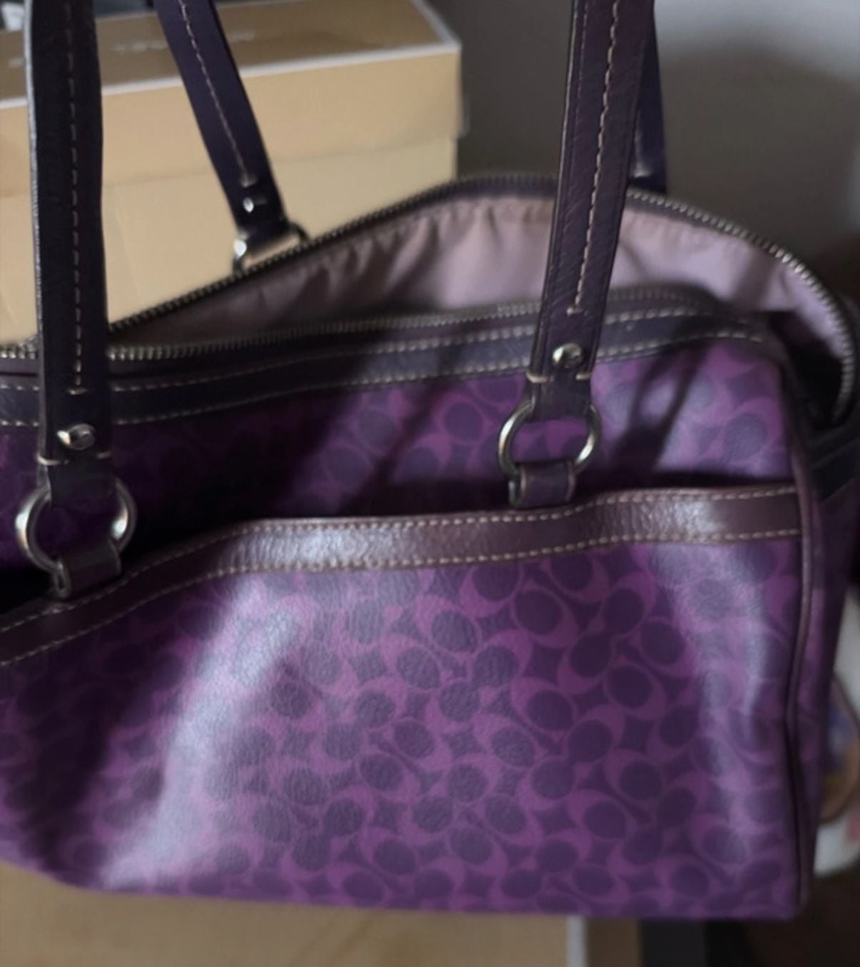 Coach Signature Stripe Purple Coated Canvas Satchel Bag 5