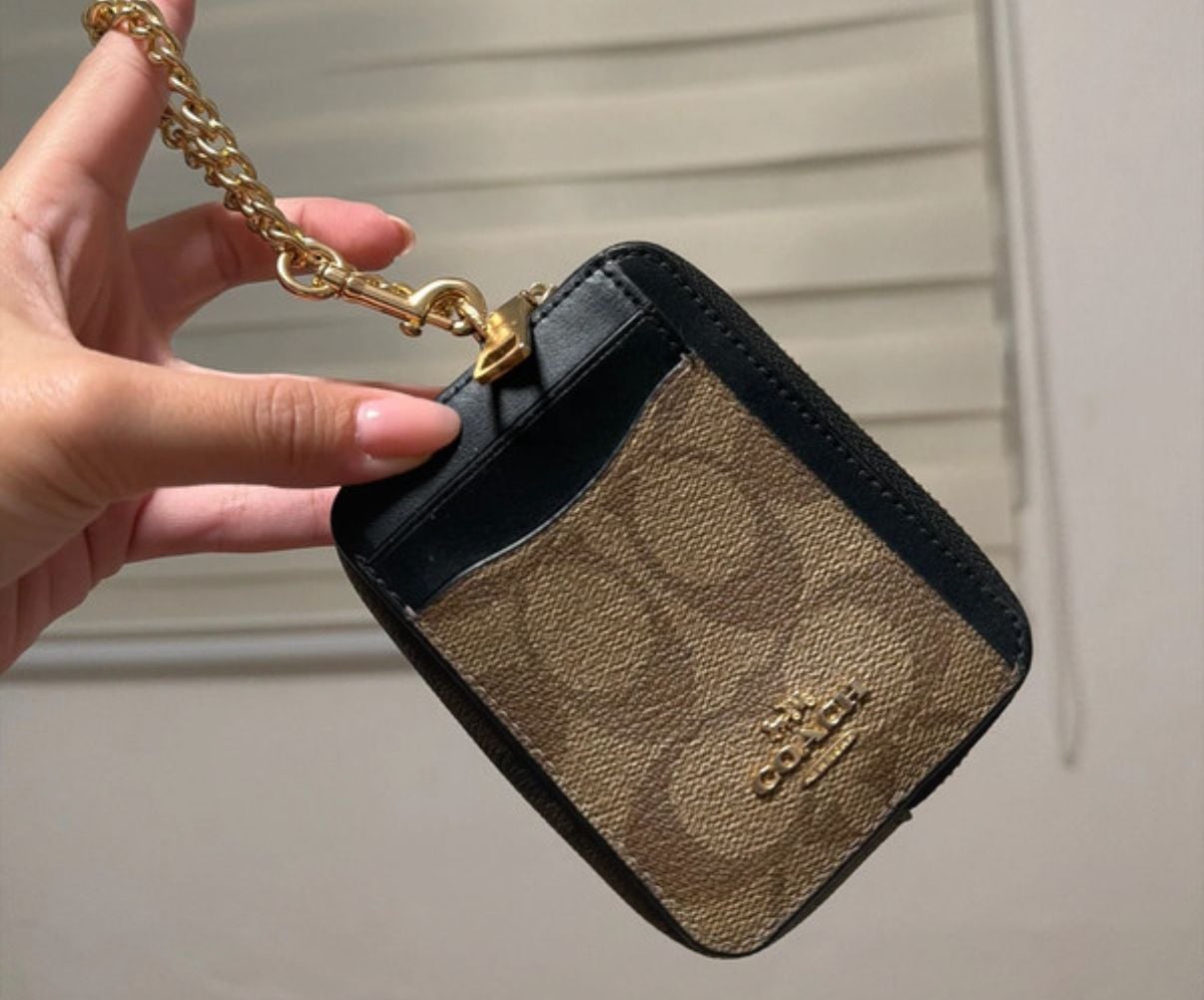 Coach Zip Card Case Signature Coated Canvas Chain Wrist Strap 1
