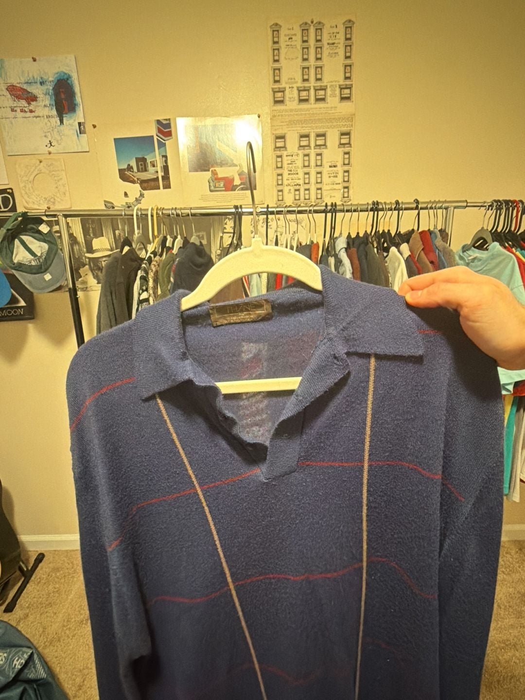 Thane Polo Sweater Size XL Blue Acrylic Striped Vintage 70s Long Sleeve 3