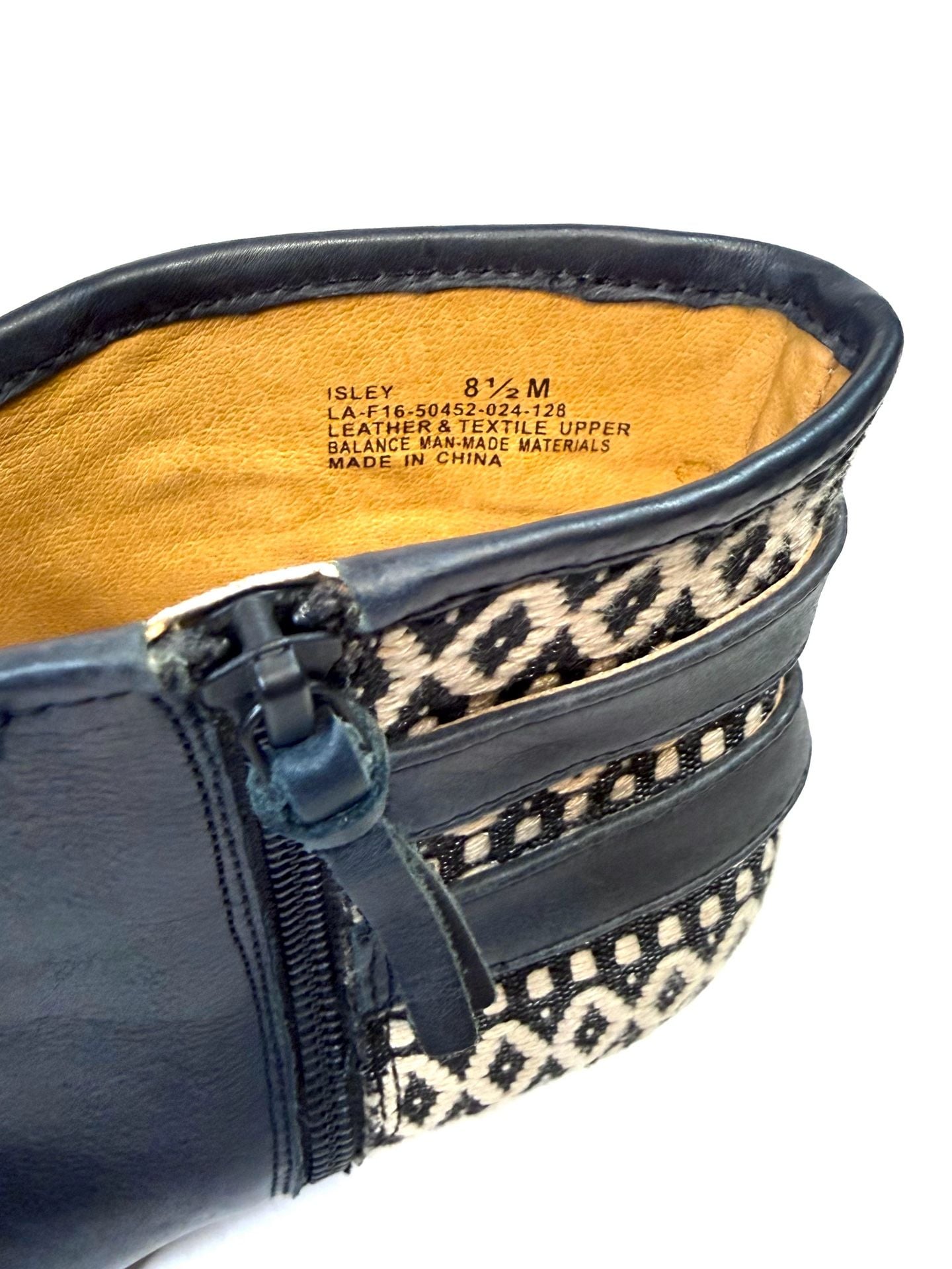 Latigo Women's Isley Ankle Boots Size 8.5 M Boho Western Americana Heritage Indie Vanguard Navy Leather Aztec Woven Double Buckle Side Zip Stacked Heel 7