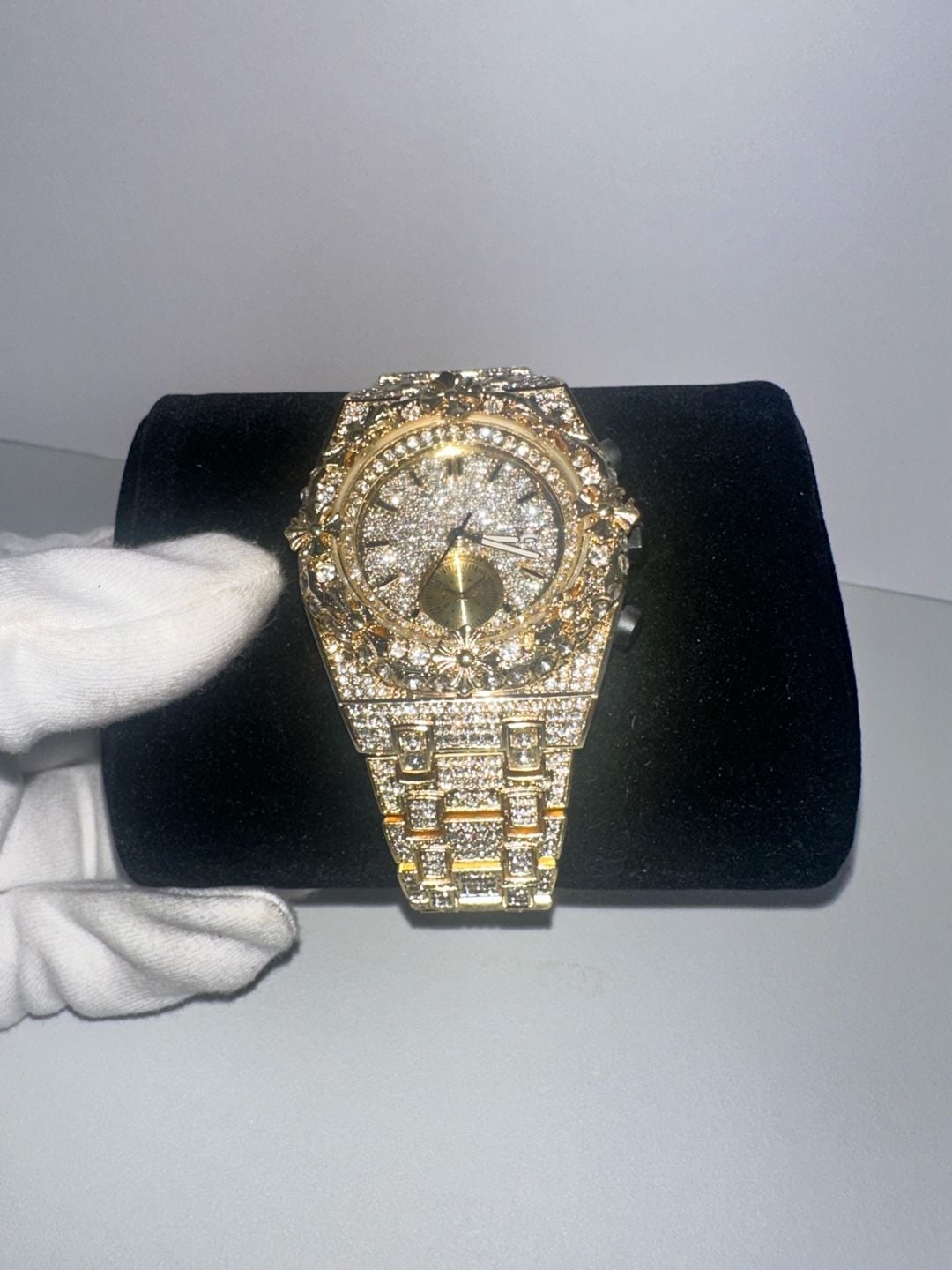 Gold-Tone Iced Out Rhinestone Fashion Watch – Floral Bezel 2