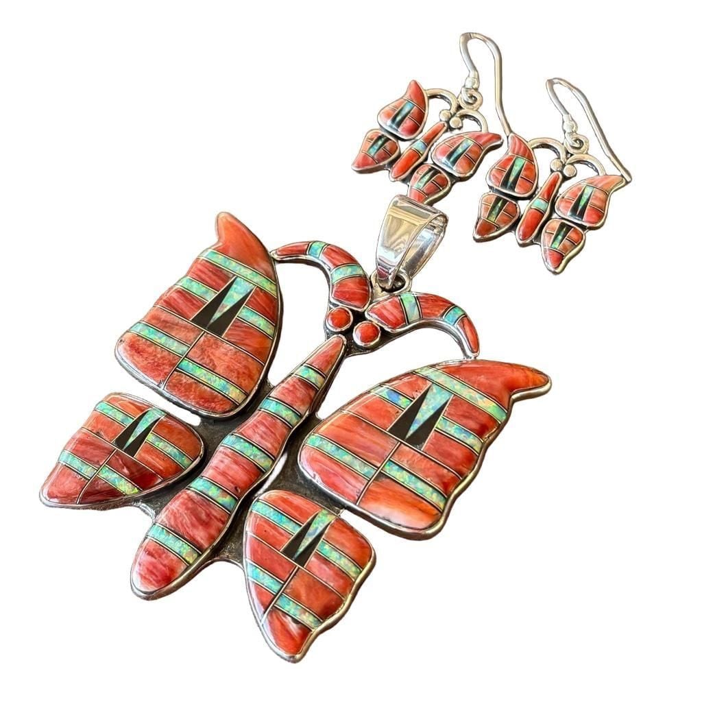 KS Sterling Silver Spiny Oyster Opal Inlay Butterfly Pendant & Earring Set 1