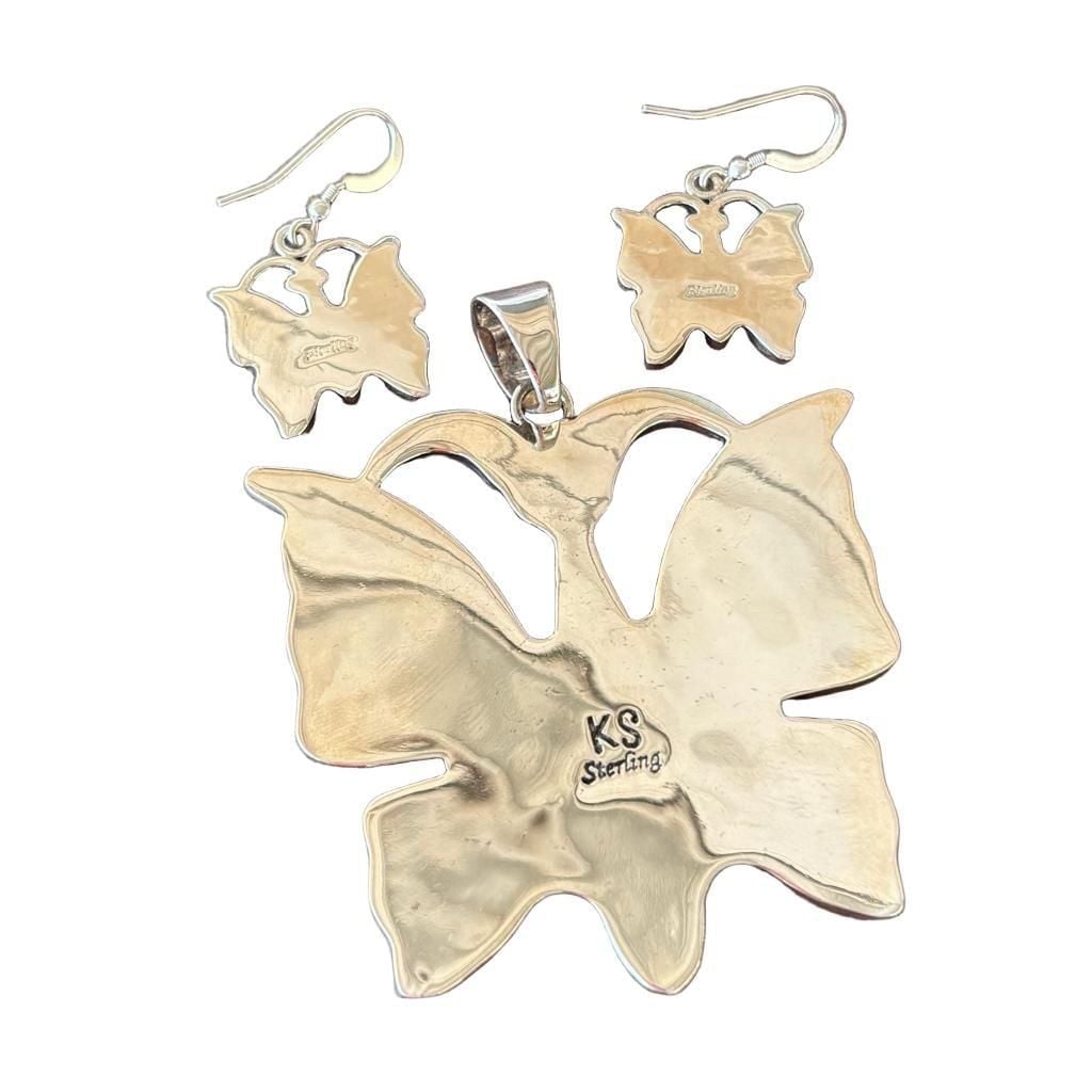 KS Sterling Silver Spiny Oyster Opal Inlay Butterfly Pendant & Earring Set 3