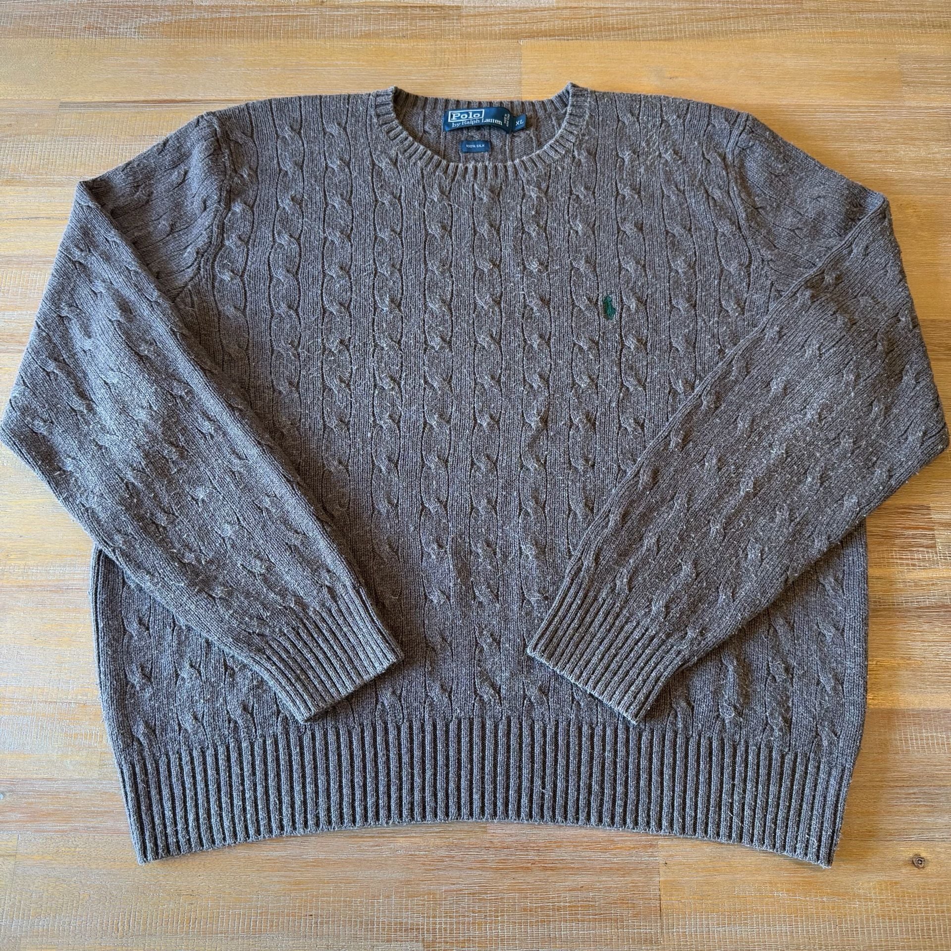 Polo Ralph Lauren Cable Knit Sweater Mens XL Brown 100% Silk Crewneck Pullover 2