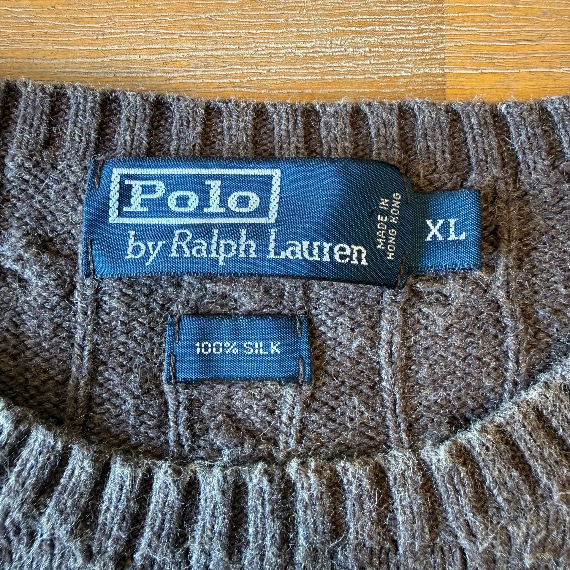 Polo Ralph Lauren Cable Knit Sweater Mens XL Brown 100% Silk Crewneck Pullover 4