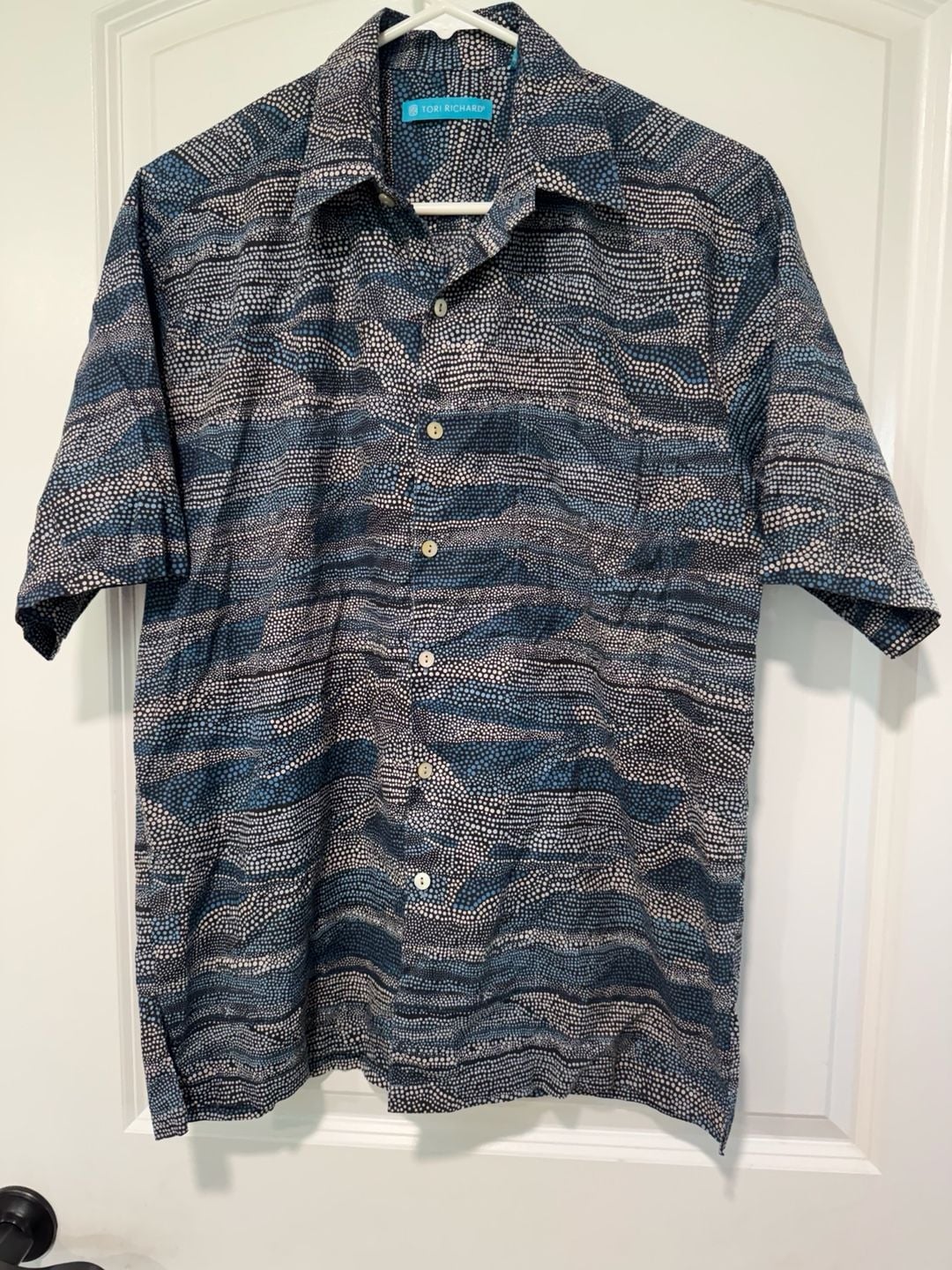 Abstract Dot Print Hawaiian Aloha Button Up Coastal Resort Shirt Size S 2