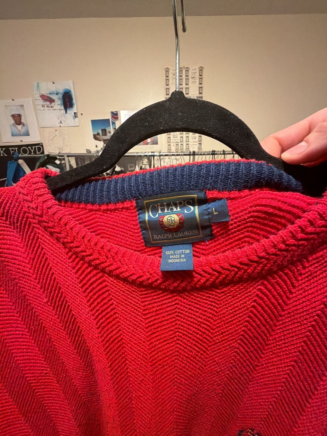 Chaps Ralph Lauren Sweater Size L Red Herringbone Knit Crewneck 3