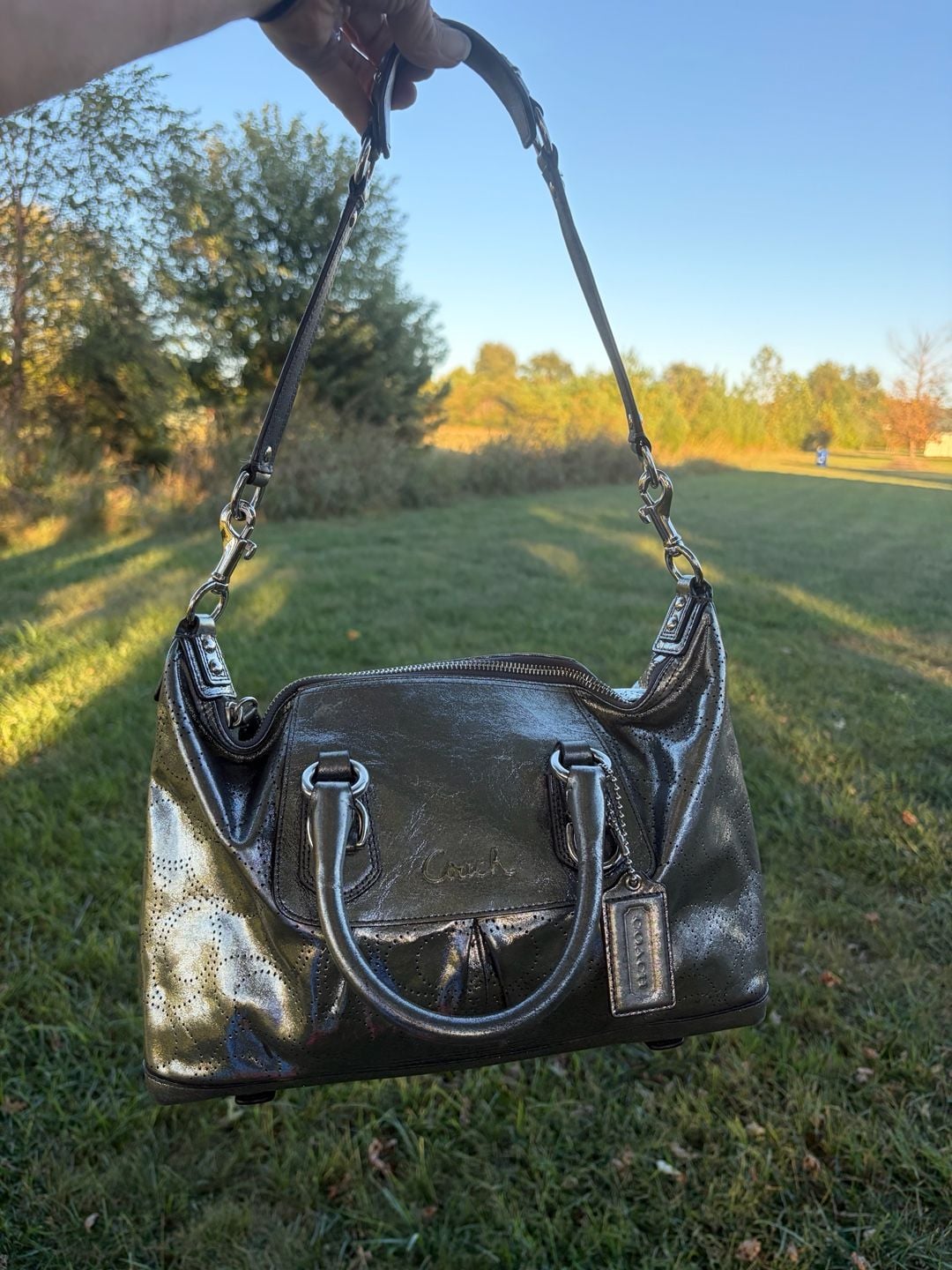 Coach Ashley Perforated Metallic Leather Satchel Handbag Silver 3