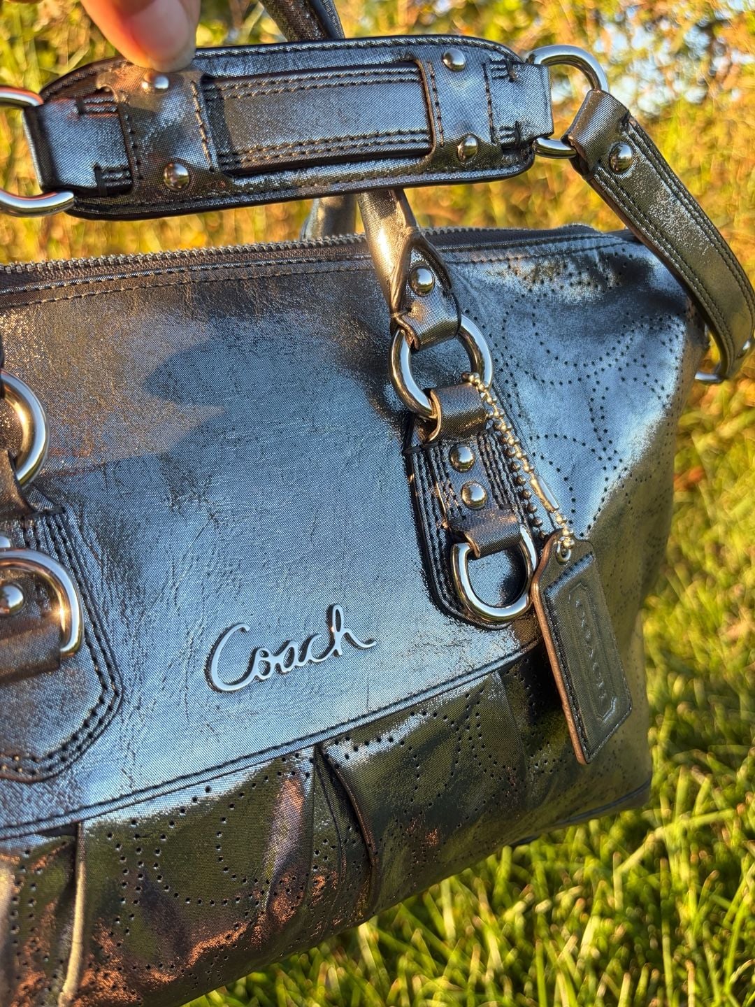 Coach Ashley Perforated Metallic Leather Satchel Handbag Silver 4