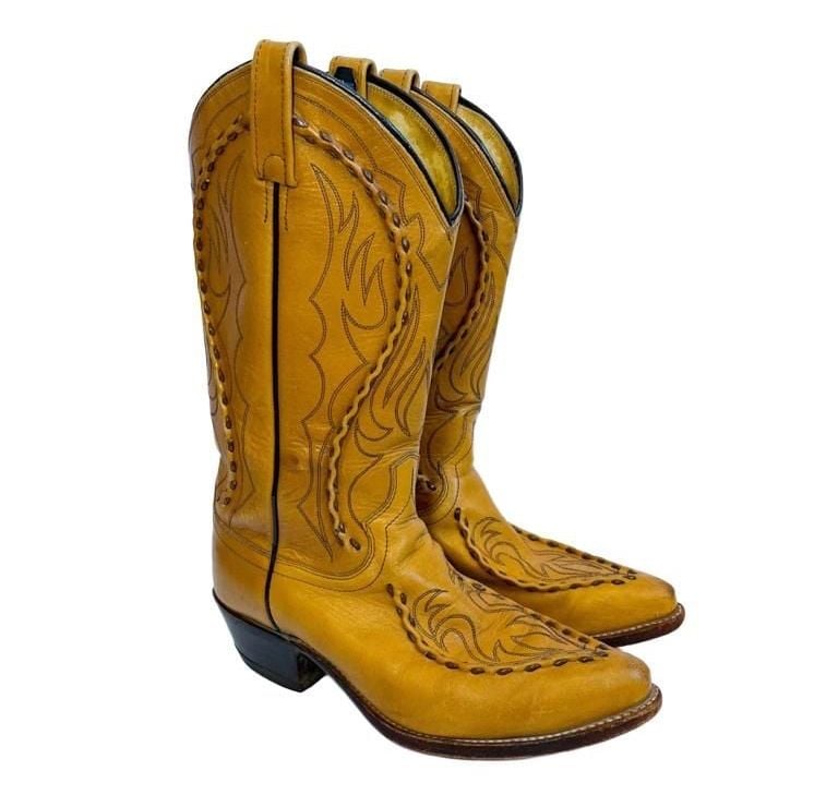 Vintage Dan Post Leather Western Cowboy Boots Size 9 Tan Wingtip 2