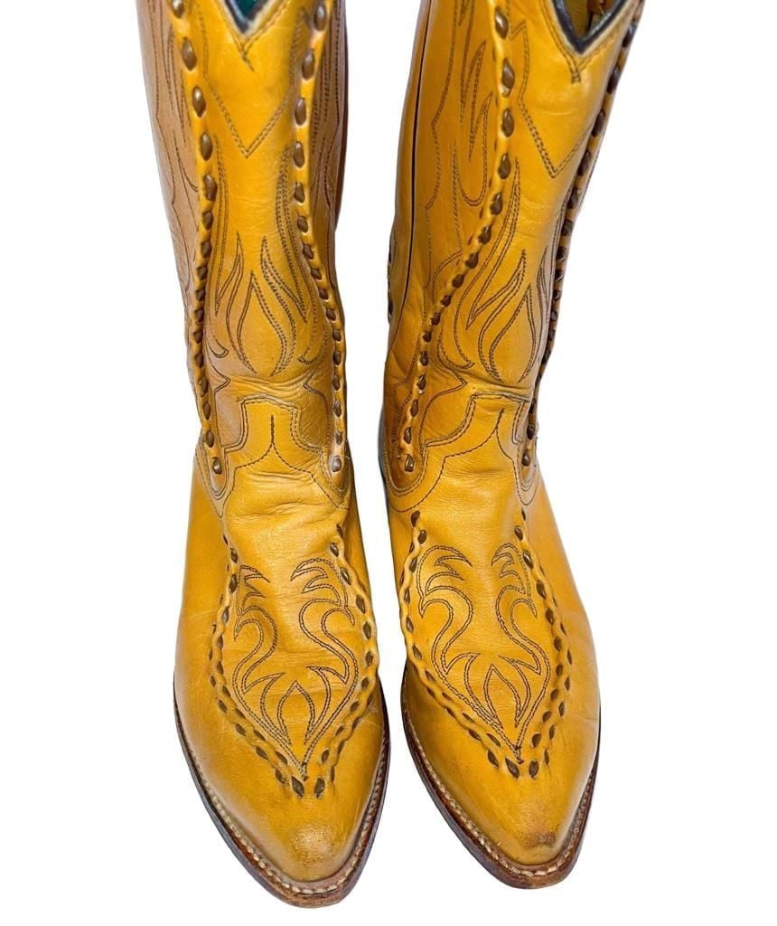 Vintage Dan Post Leather Western Cowboy Boots Size 9 Tan Wingtip 3
