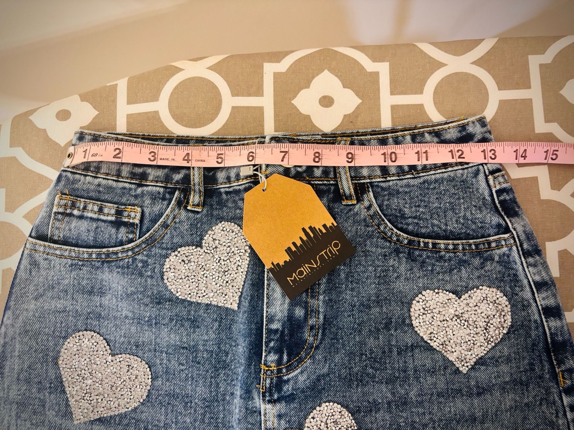 Main Strip Sweet Statement Rhinestone Heart Denim Skirt 7