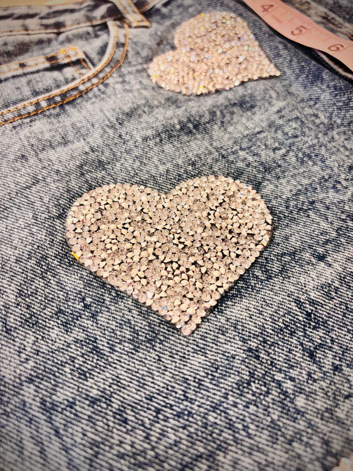 Main Strip Sweet Statement Rhinestone Heart Denim Skirt 8
