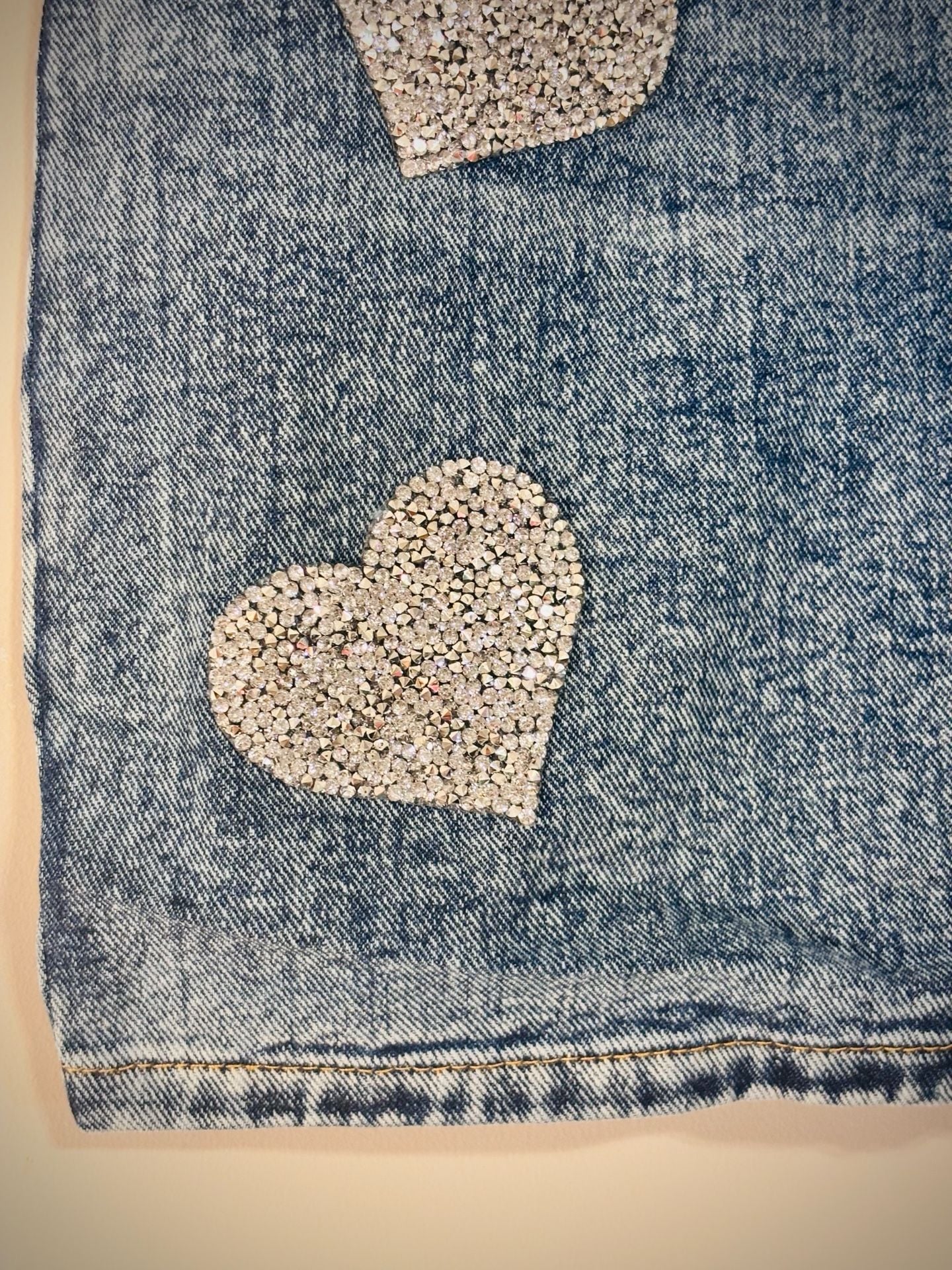 Main Strip Sweet Statement Rhinestone Heart Denim Skirt 9