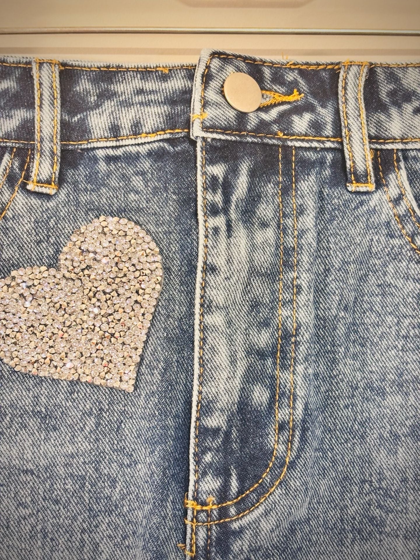 Main Strip Sweet Statement Rhinestone Heart Denim Skirt 10