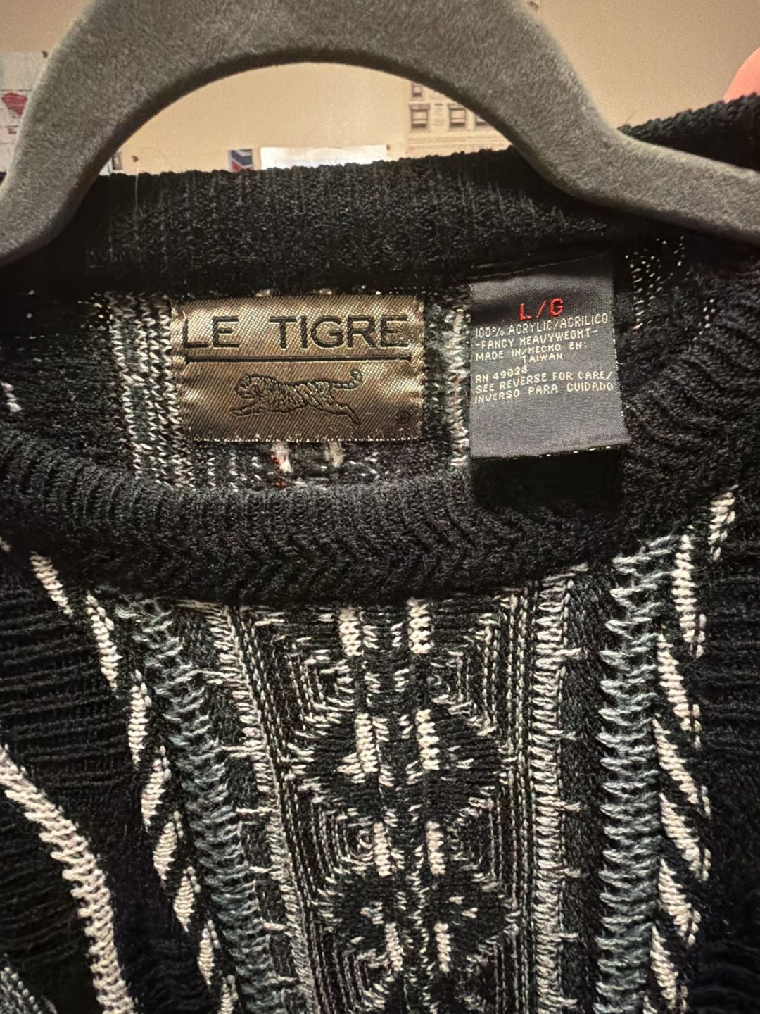 Le Tigre 3D Knit Pattern Sweater Size L Black Textured Grandpa Style 3