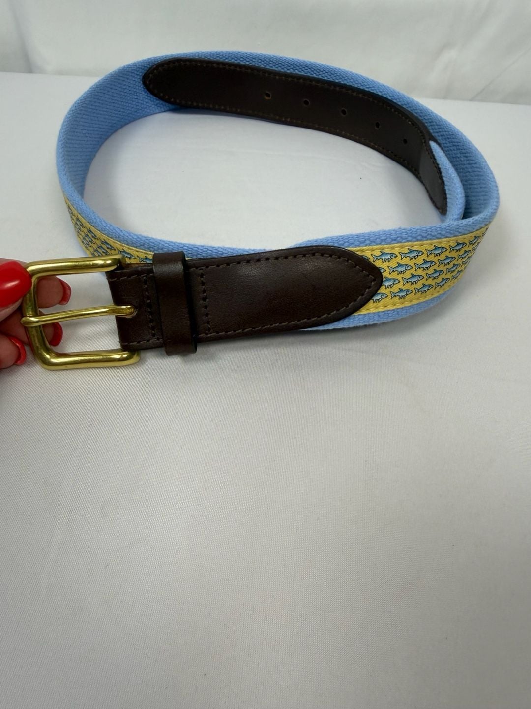Vineyard Vines Fish Belt Size 38 Blue Yellow Ribbon 1