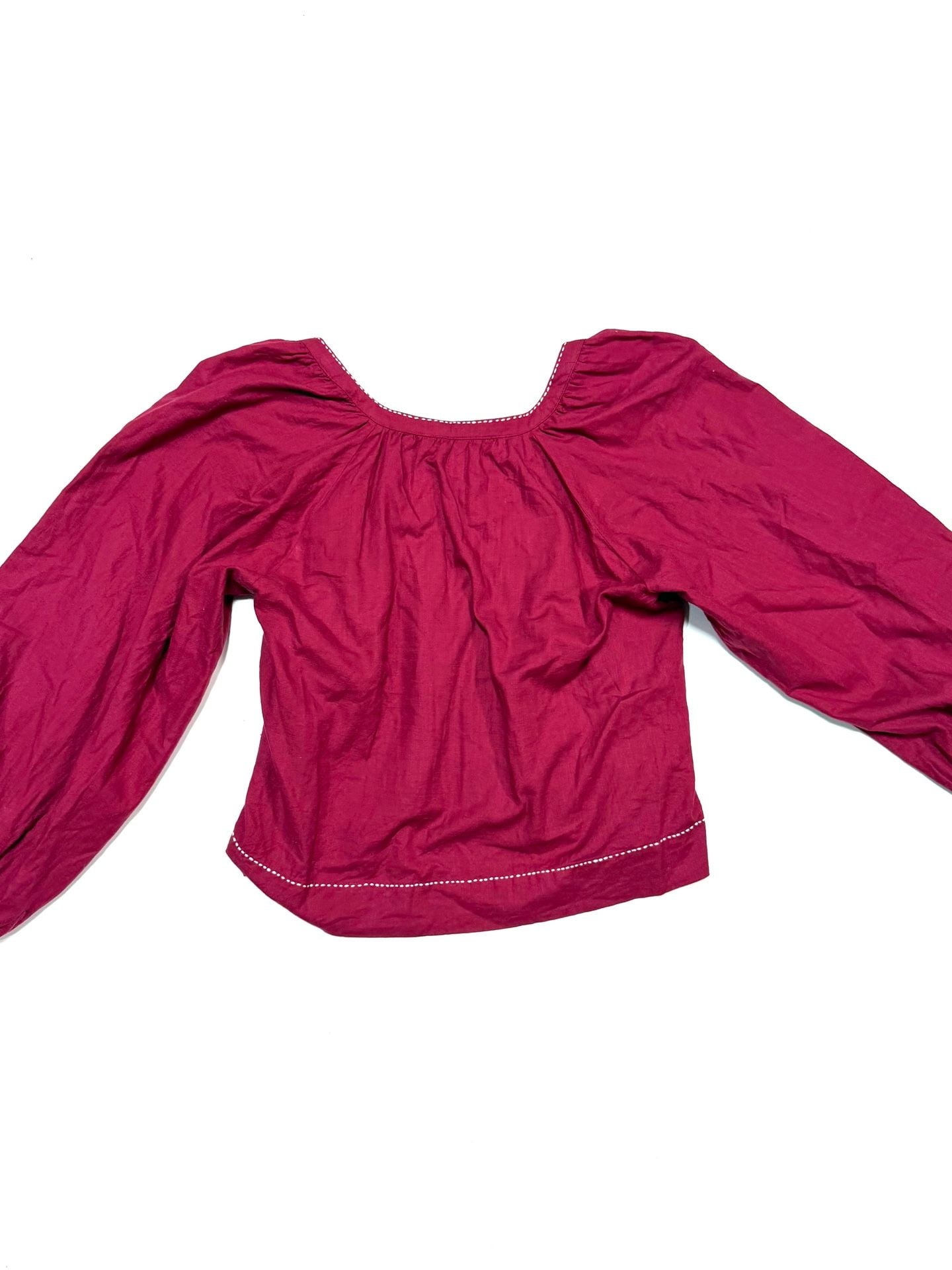 LOFT Women's Blouse XS Cottage-Glam Whimsigoth Fairycore Boho Indie Vanguard Burgundy Smocked Peasant Top Cotton Long Sleeve Puff Sleeve Embroidered Square Neck Cropped 8